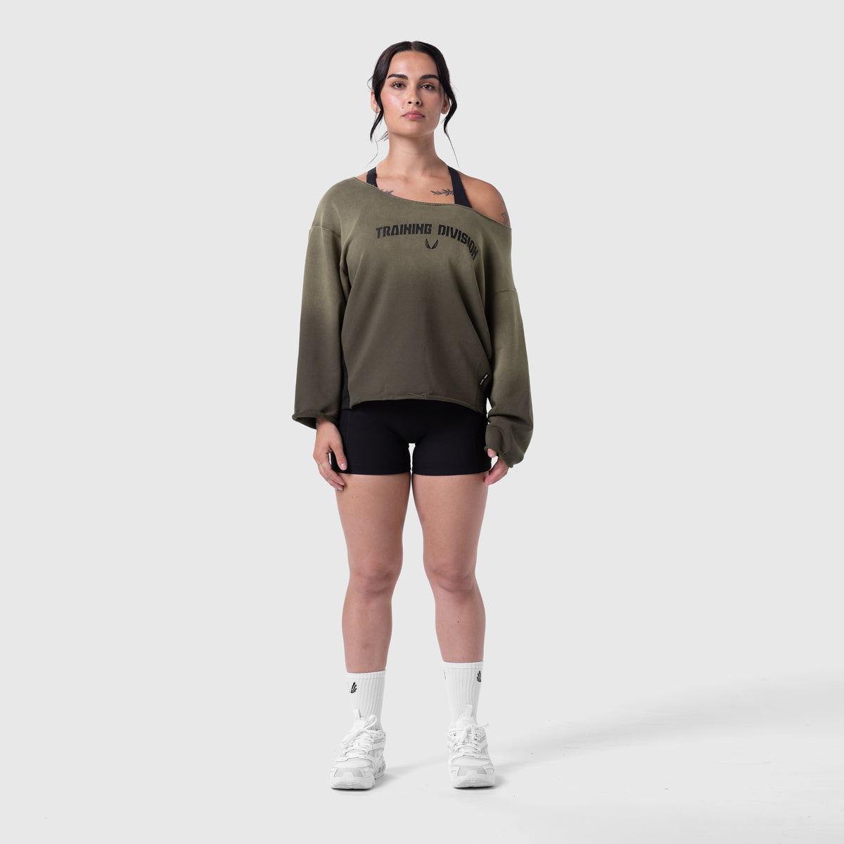 Raw Hem Oversized Crewneck in olive worn with black shorts and white socks, front view