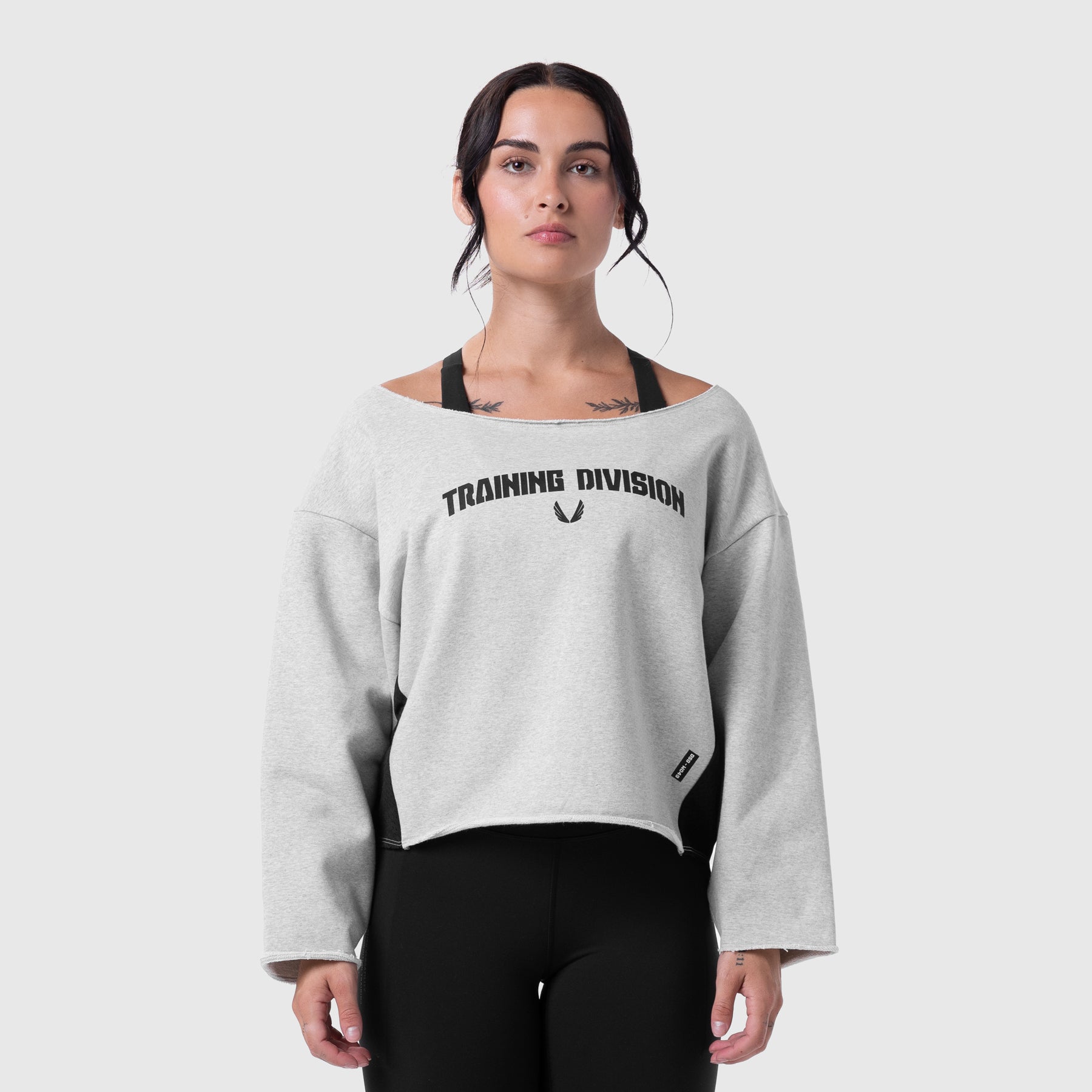 Raw Hem Oversized Crewneck in heather grey, worn by model, front view