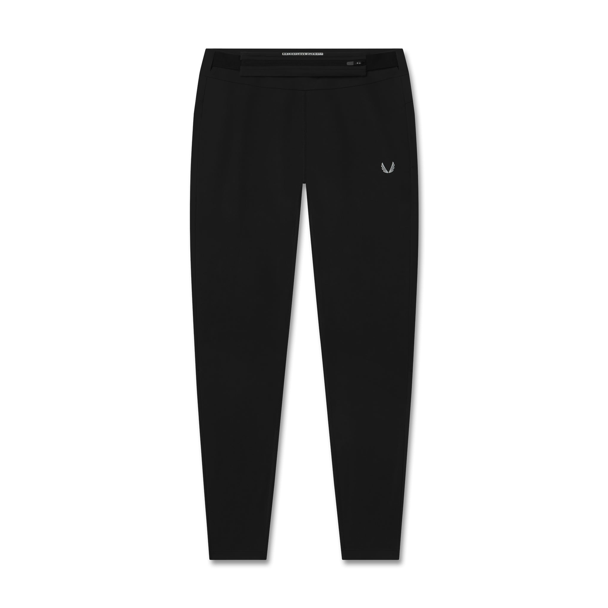 flatlay W059 Hybrid Belt-Pack Run Legging in black, front view