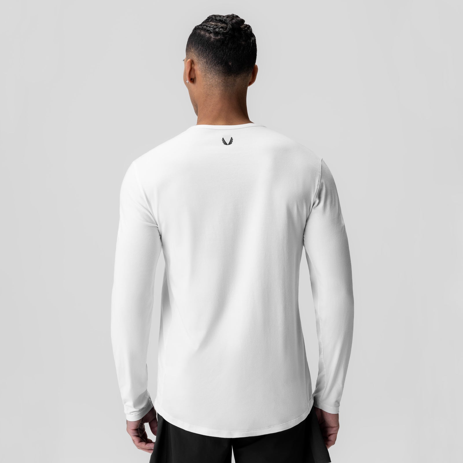 White long sleeve modal shirt on model, back view