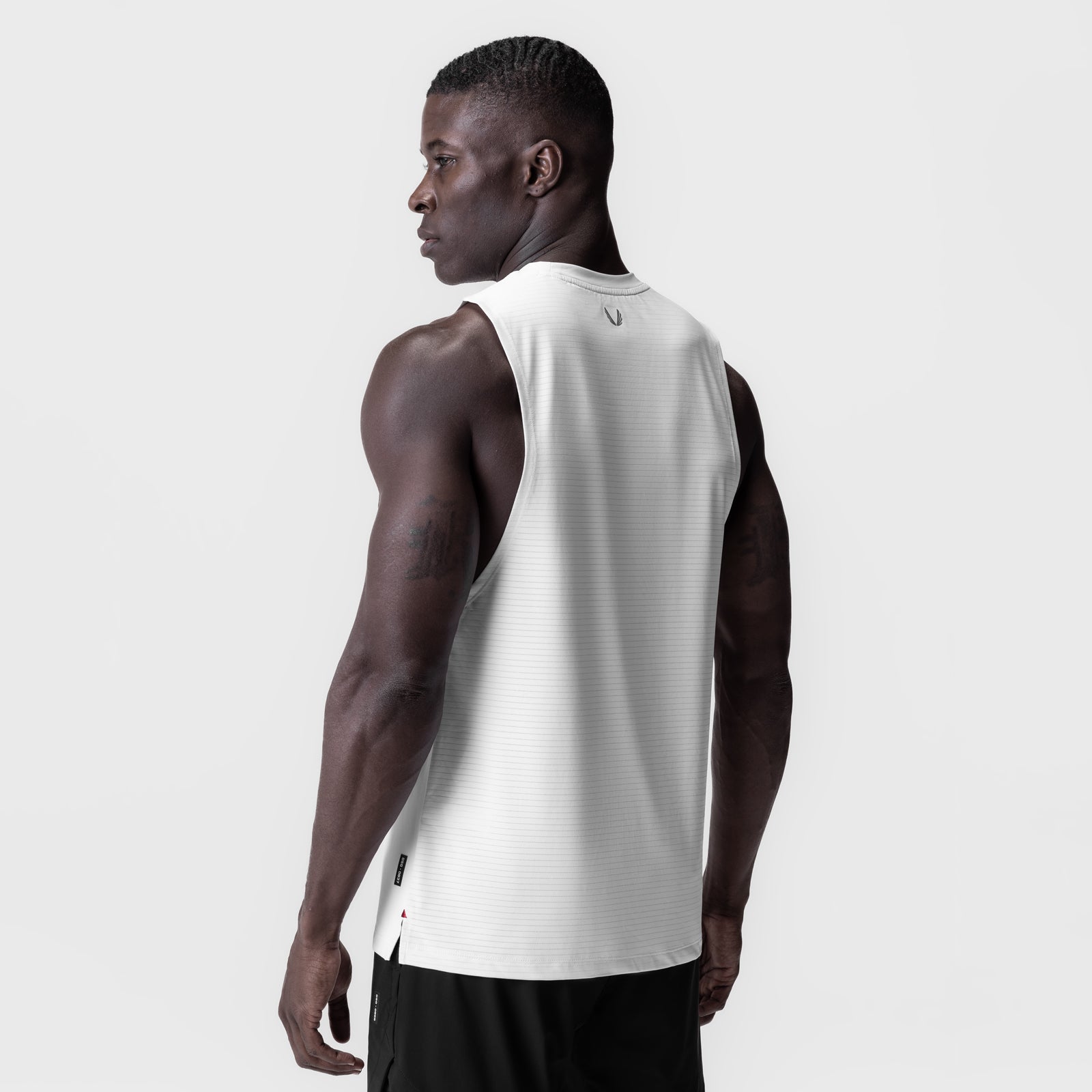 White 3D-Lite® 2.0 Lycra® muscle tank on model, side back view