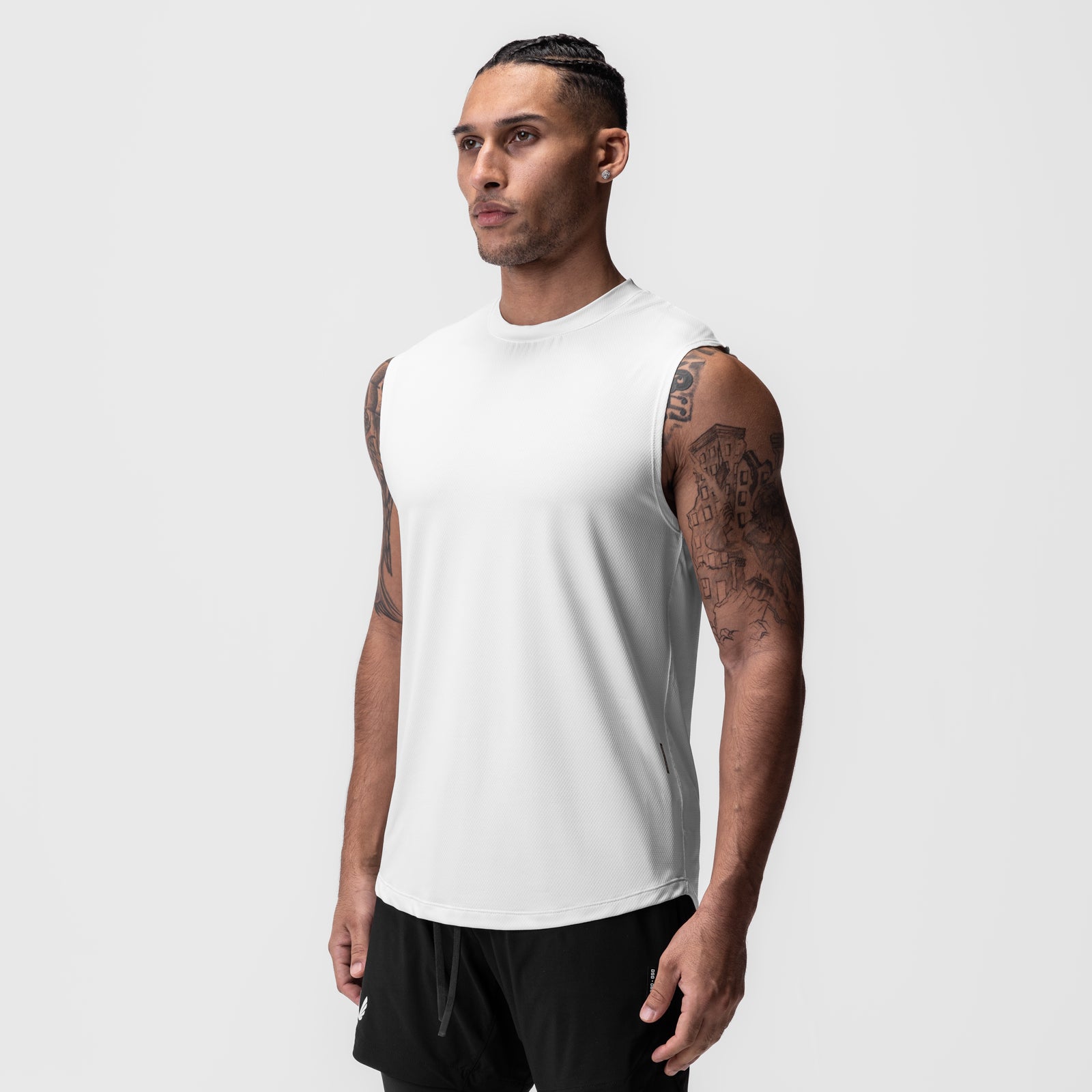 White AeroSilver Cutoff Tank worn by male model, front view