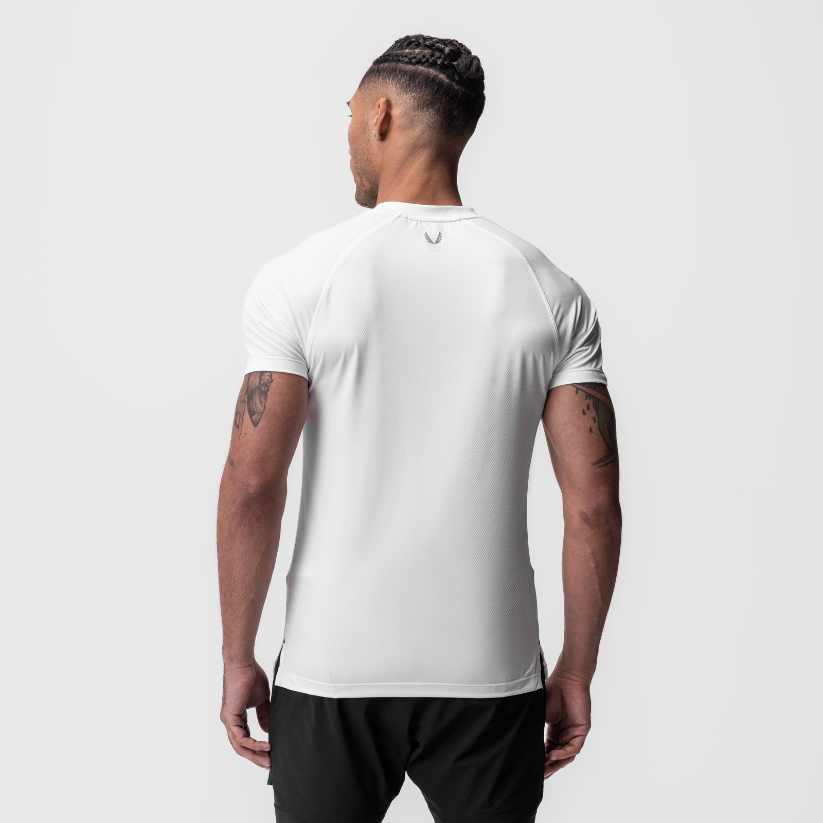 AeroSilver Fitted Tee in white, back view on model