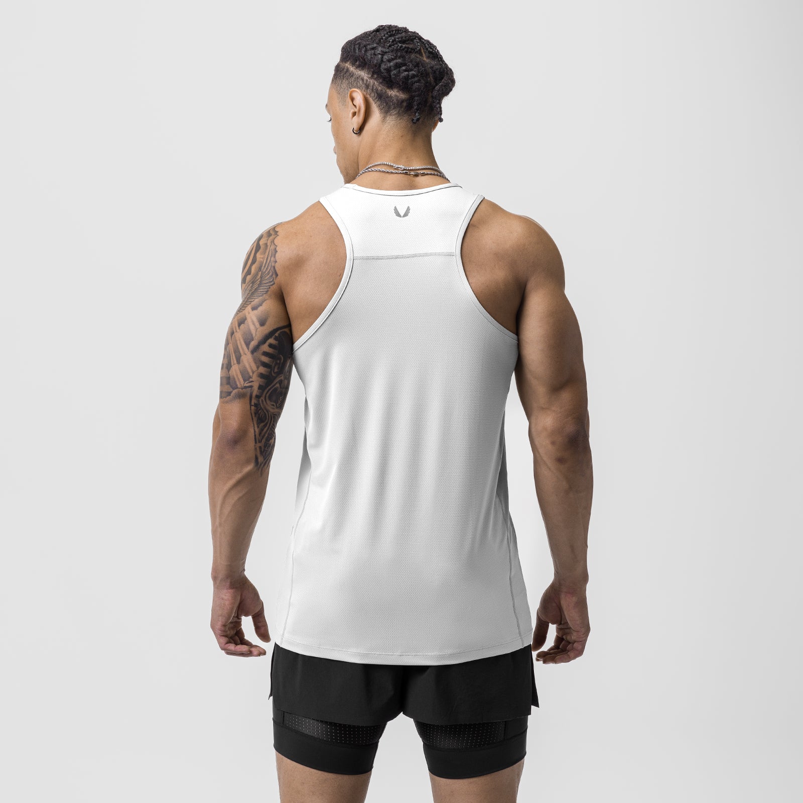 White AeroSilver Training Singlet worn by model, back view