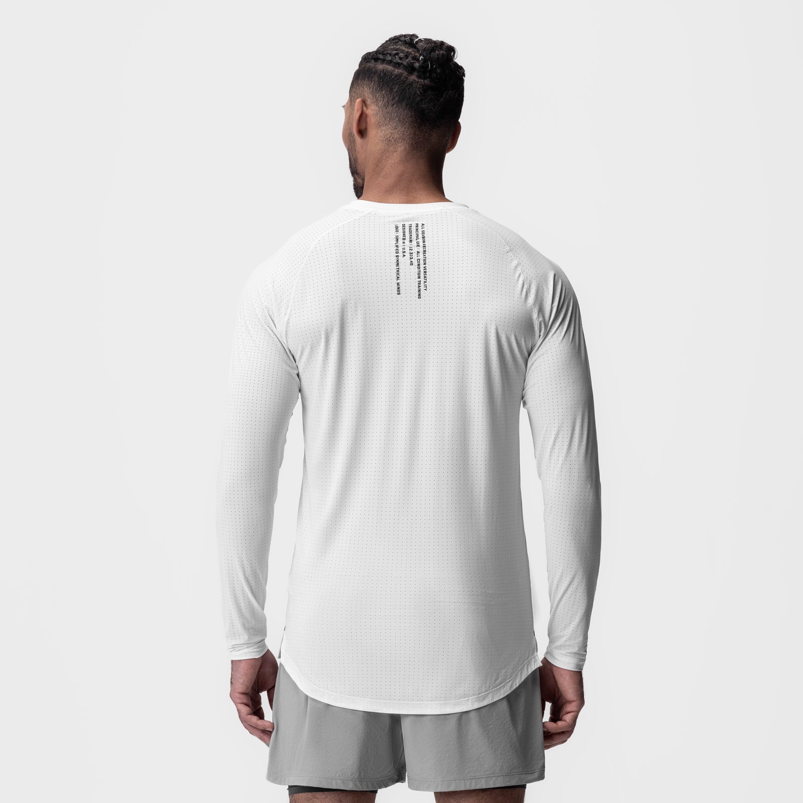 White Laser-Vent™ Established Long Sleeve worn by model, back view
