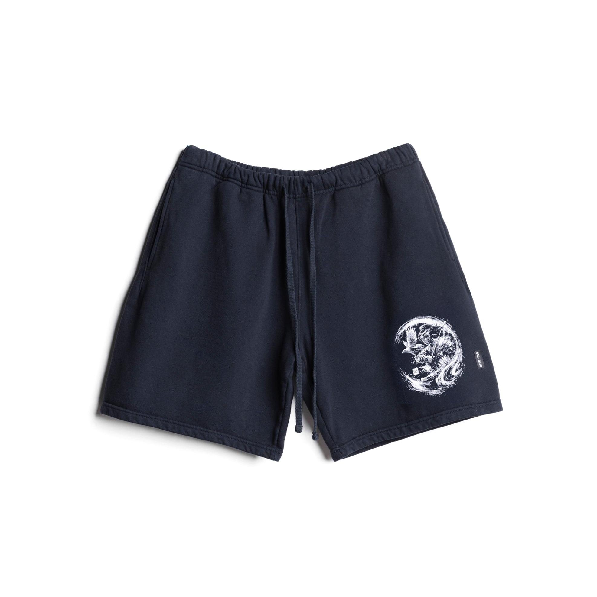 flatlay navy cotton shorts with white warrior graphic print, front view