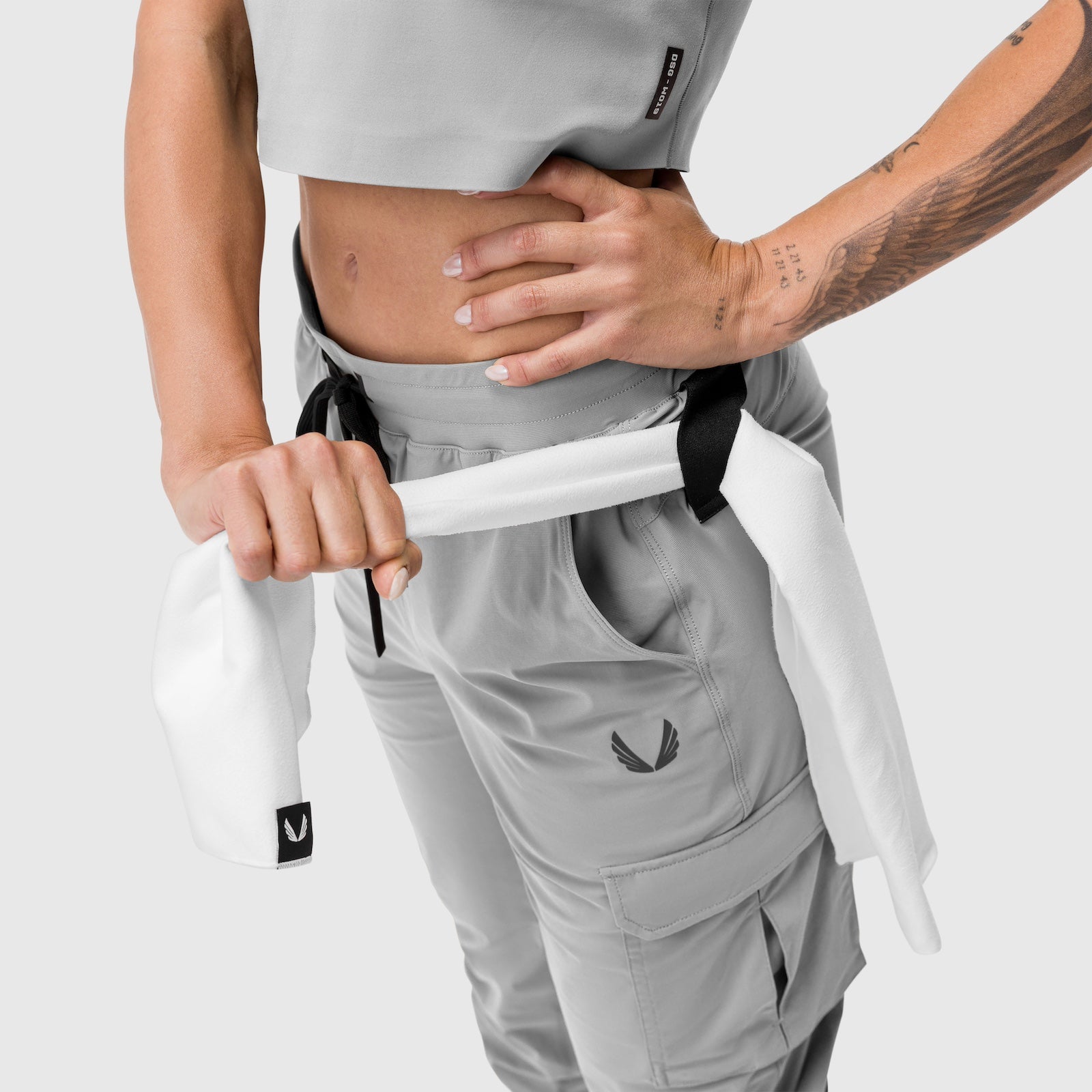 Tetra-Lite® Cargo High Rib Jogger in Slate Grey, worn with white belt detail