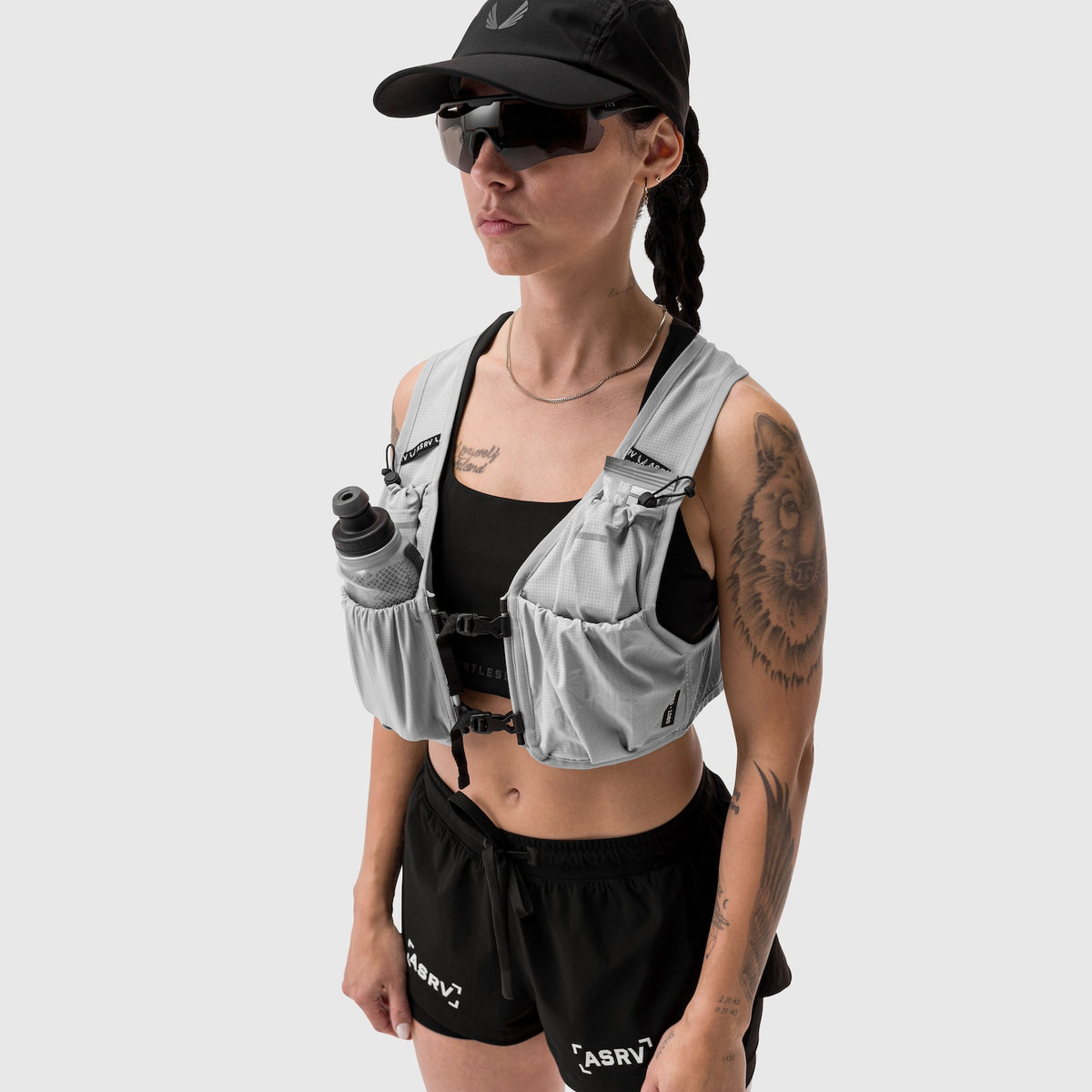 1080 Run Pack in Slate Grey, worn by model, front view