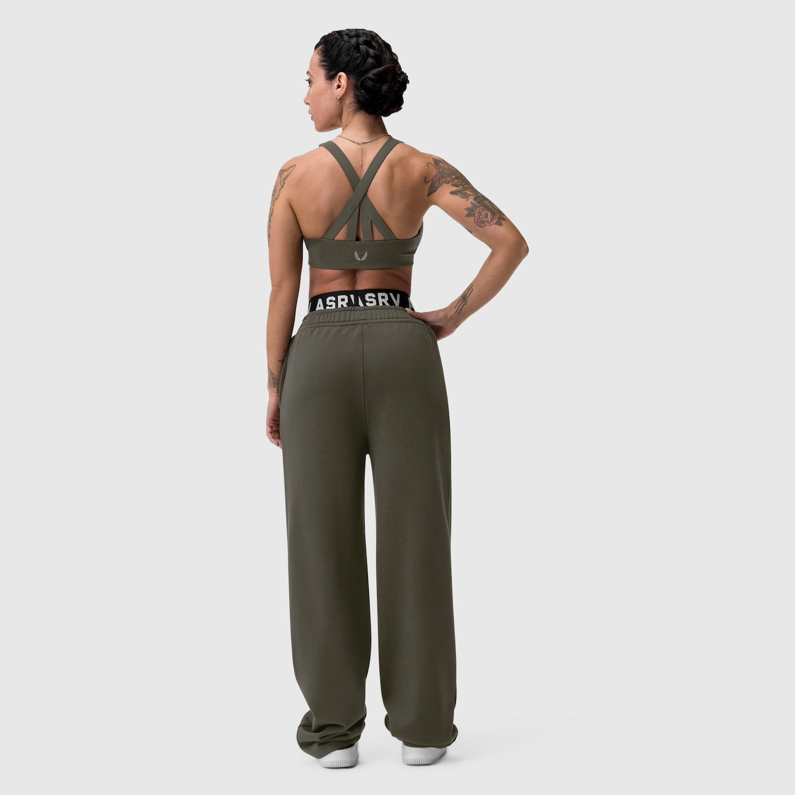 W034 Sorona® Terry Straight Leg Sweats in olive, worn by model from back