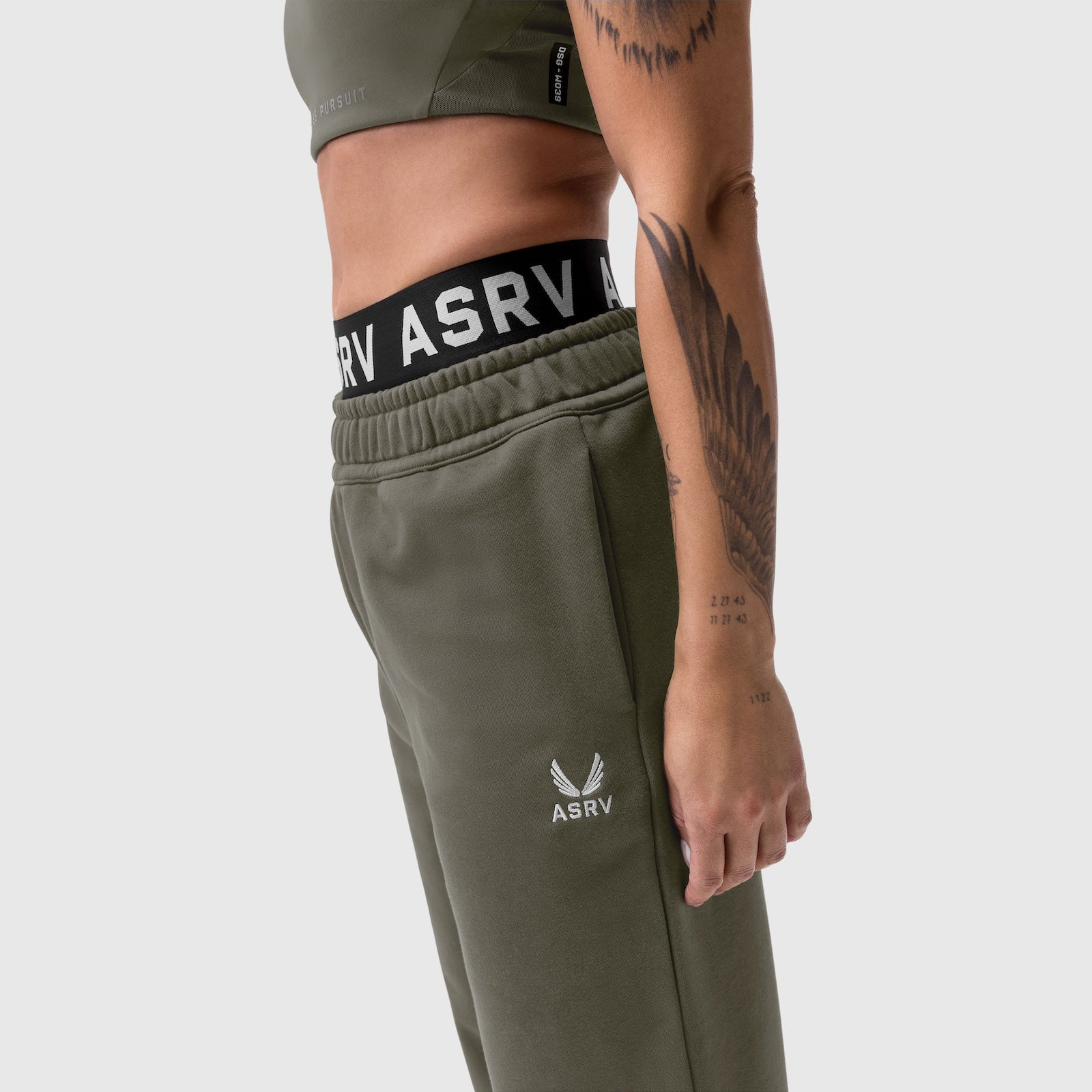 W034 Sorona® Terry Straight Leg Sweats in olive worn by model, side view