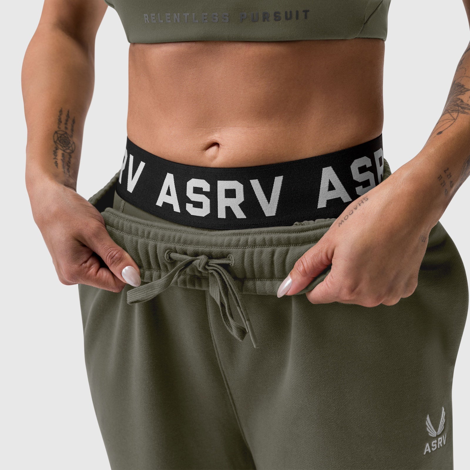 Sorona® Terry Straight Leg Sweats in olive worn by model, waist detail view