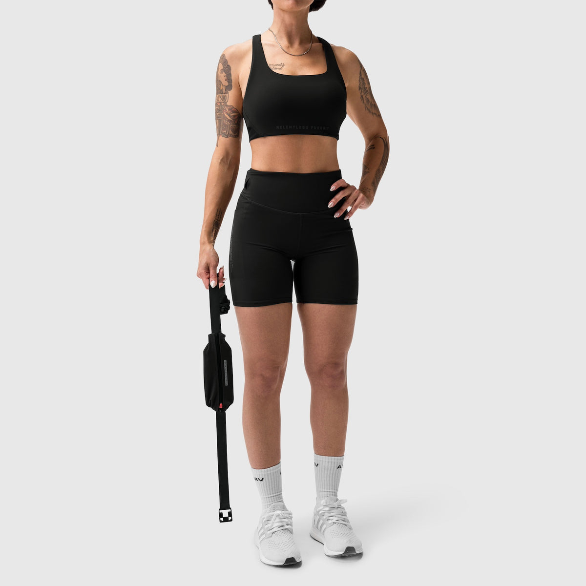 Black LYCRA® 3-in-1 Biker Short worn by model, front view