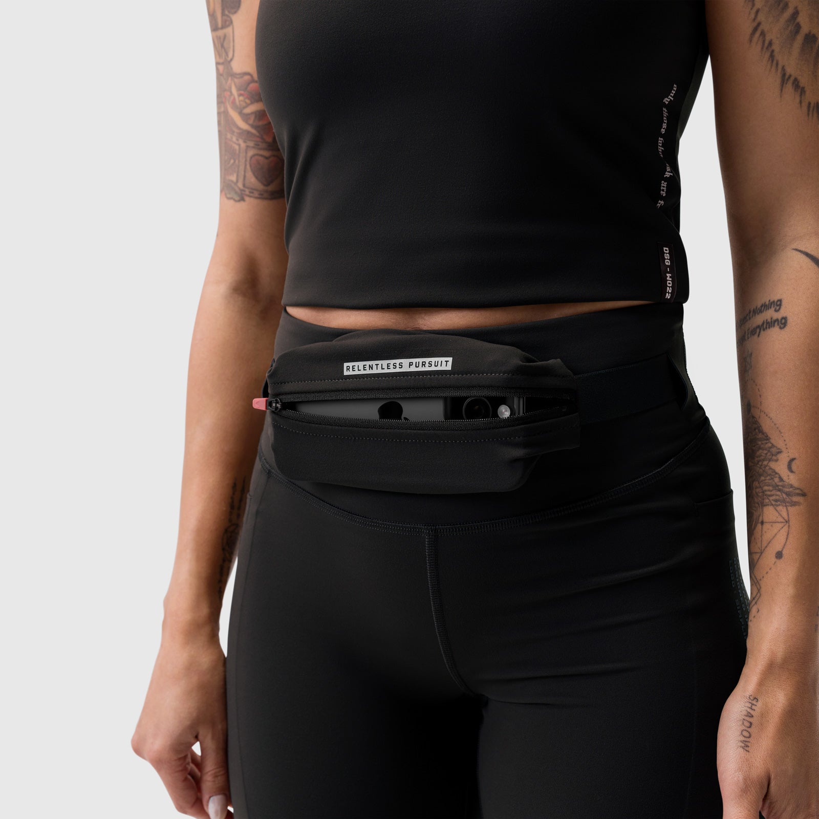 W030 Lycra 3-in-1 Legging in black with waistbelt, worn by model
