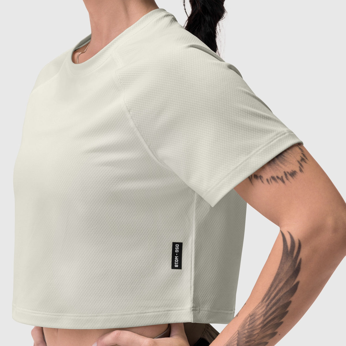 AeroSilver® Cropped Tee in Ivory Cream worn by model, side view
