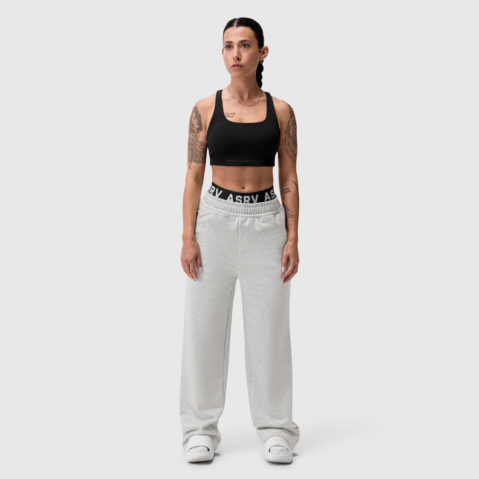 Sorona® Terry Straight Leg Sweats in Heather Grey, worn by model, front view