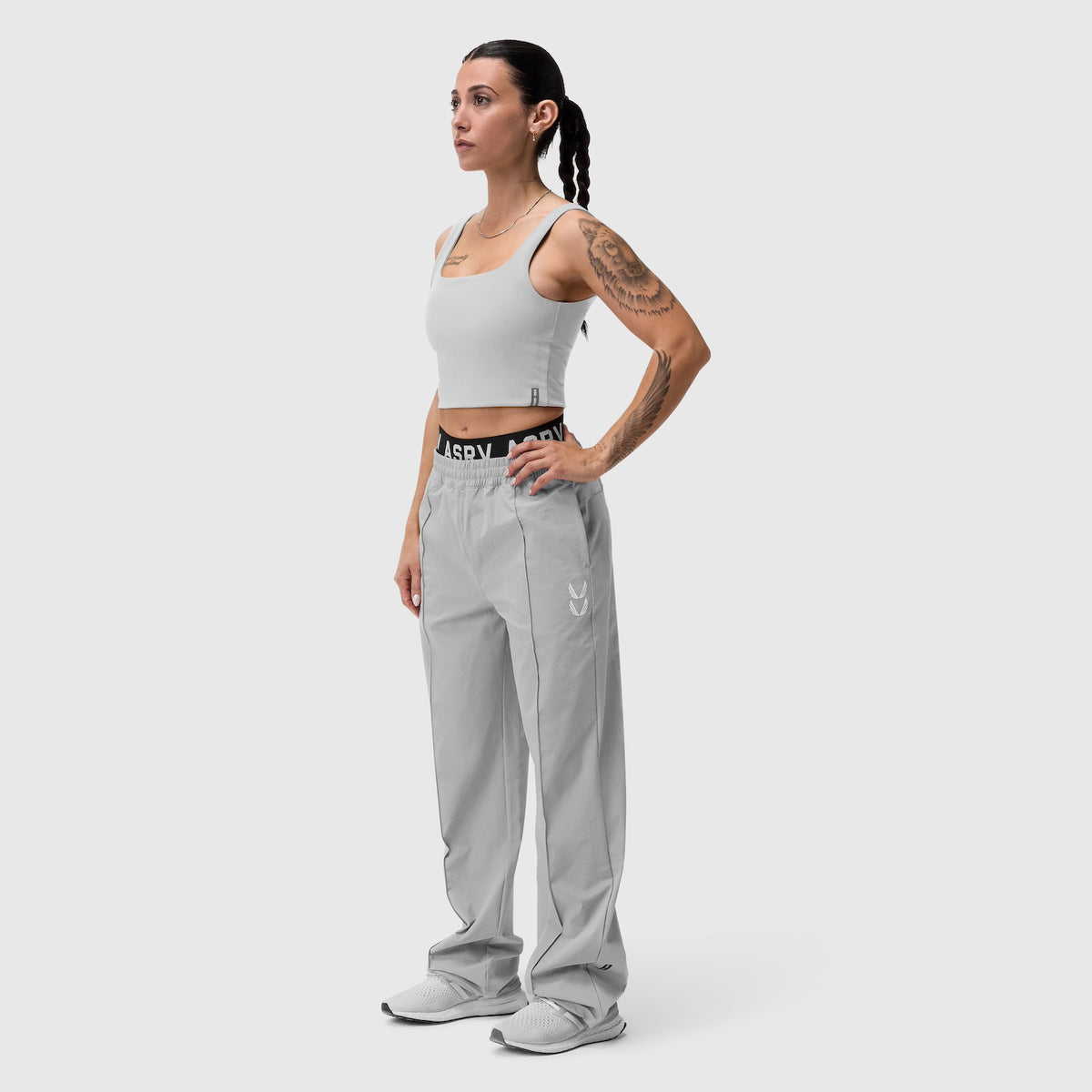 W036 Ripstop Relaxed Track Pant in slate grey, worn by model in side profile pose