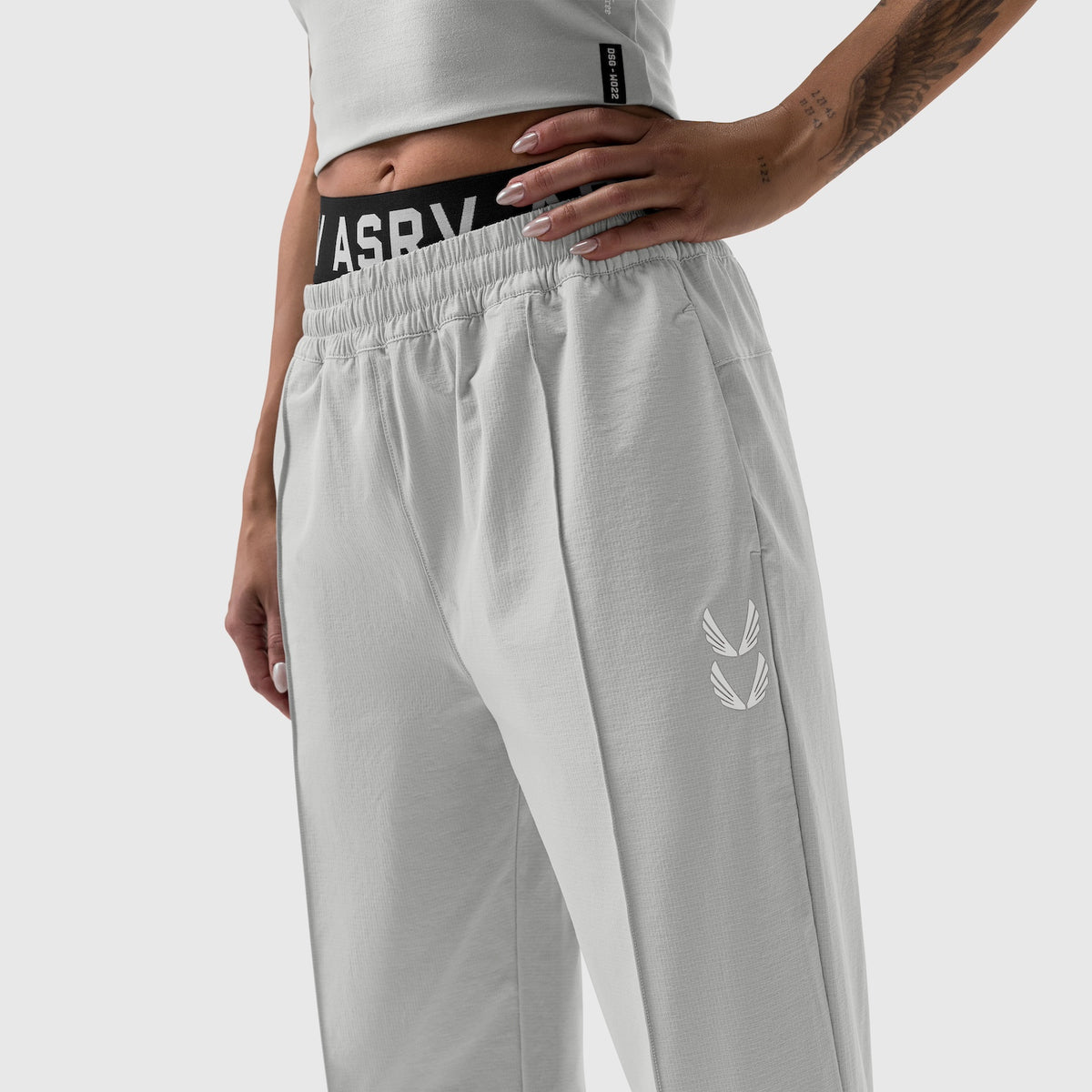 W036 Ripstop Relaxed Track Pant in slate grey, worn by model showing waistband detail