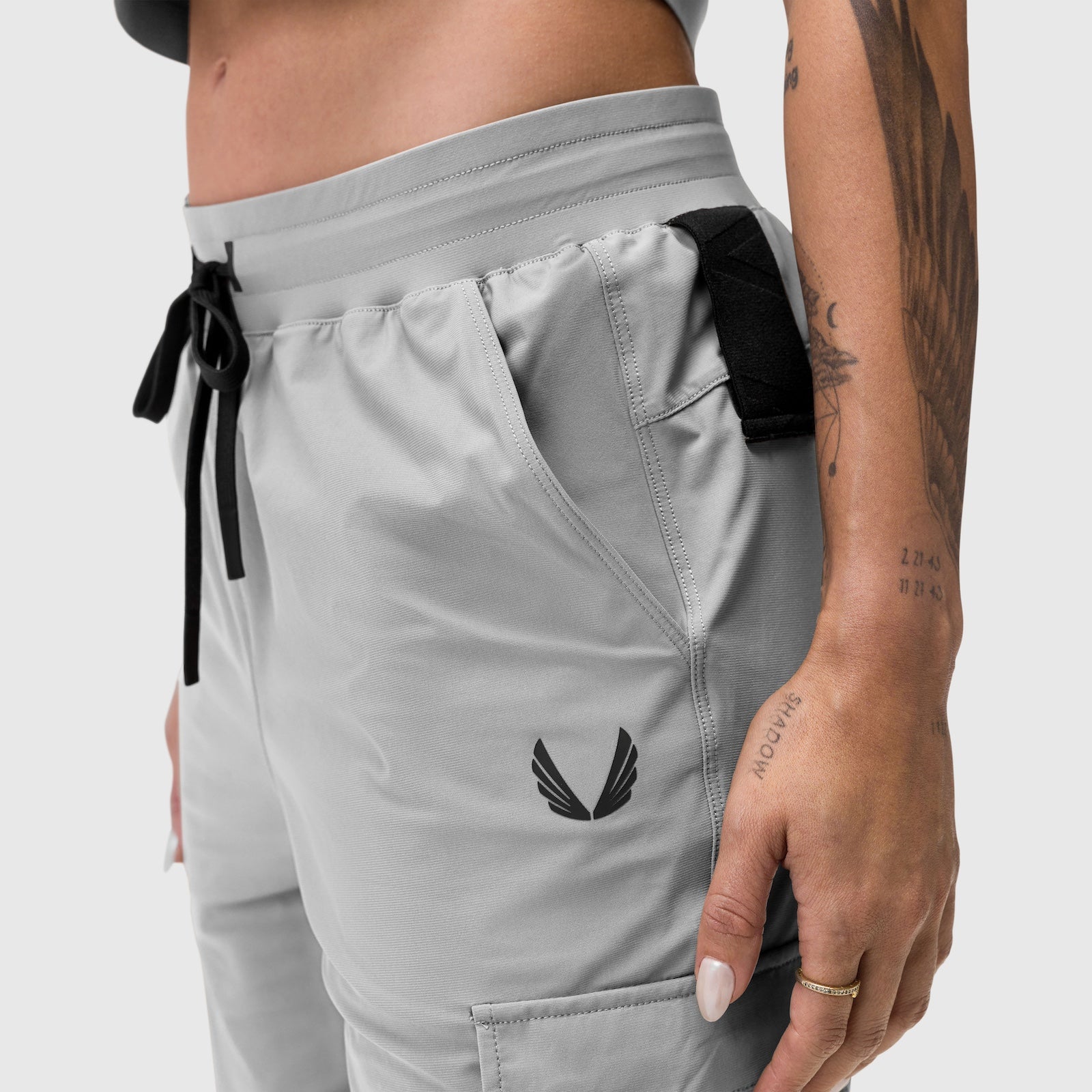 Tetra-Lite Cargo High Rib Jogger in slate grey, worn by model, side view
