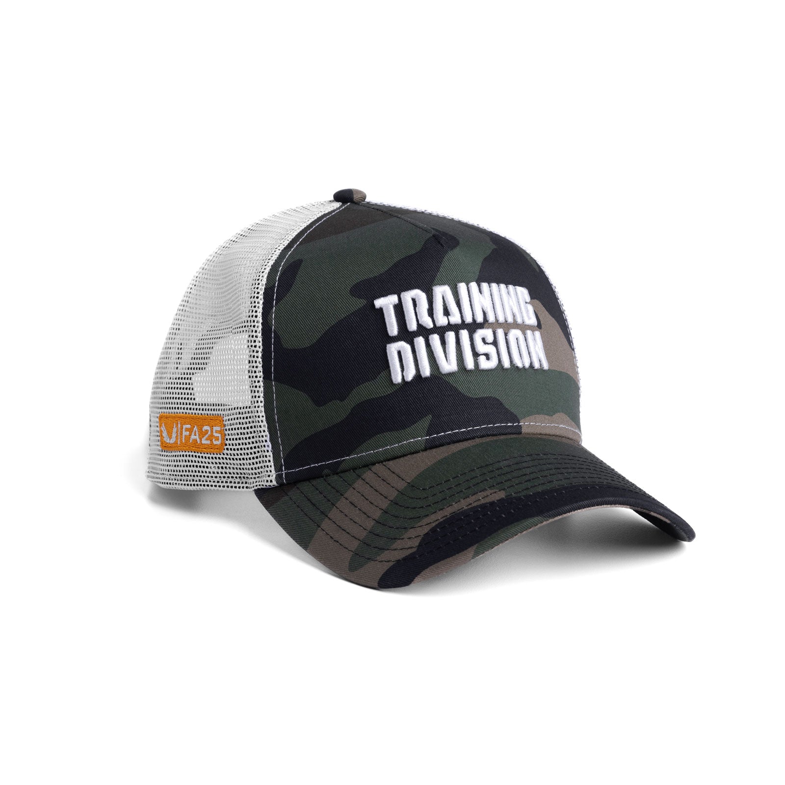 New Era 9Forty Trucker Hat in woodland camo and white with 'Training Division' text, angled side view