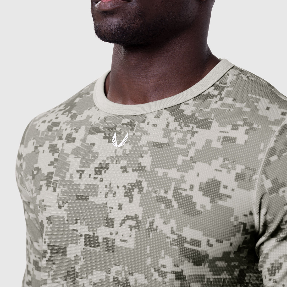 Waffle knit longsleeve in digital camo, worn by model, chest and shoulder detail
