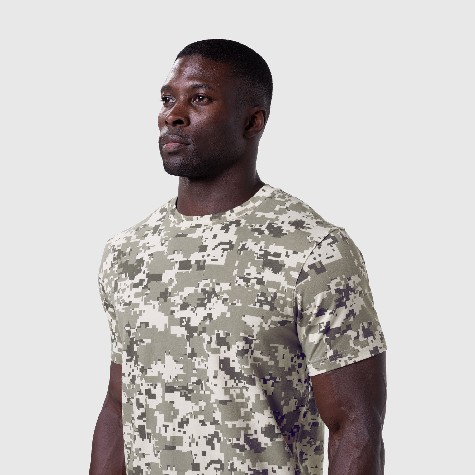 Supima Essential Tee in digital camo worn by model, front view