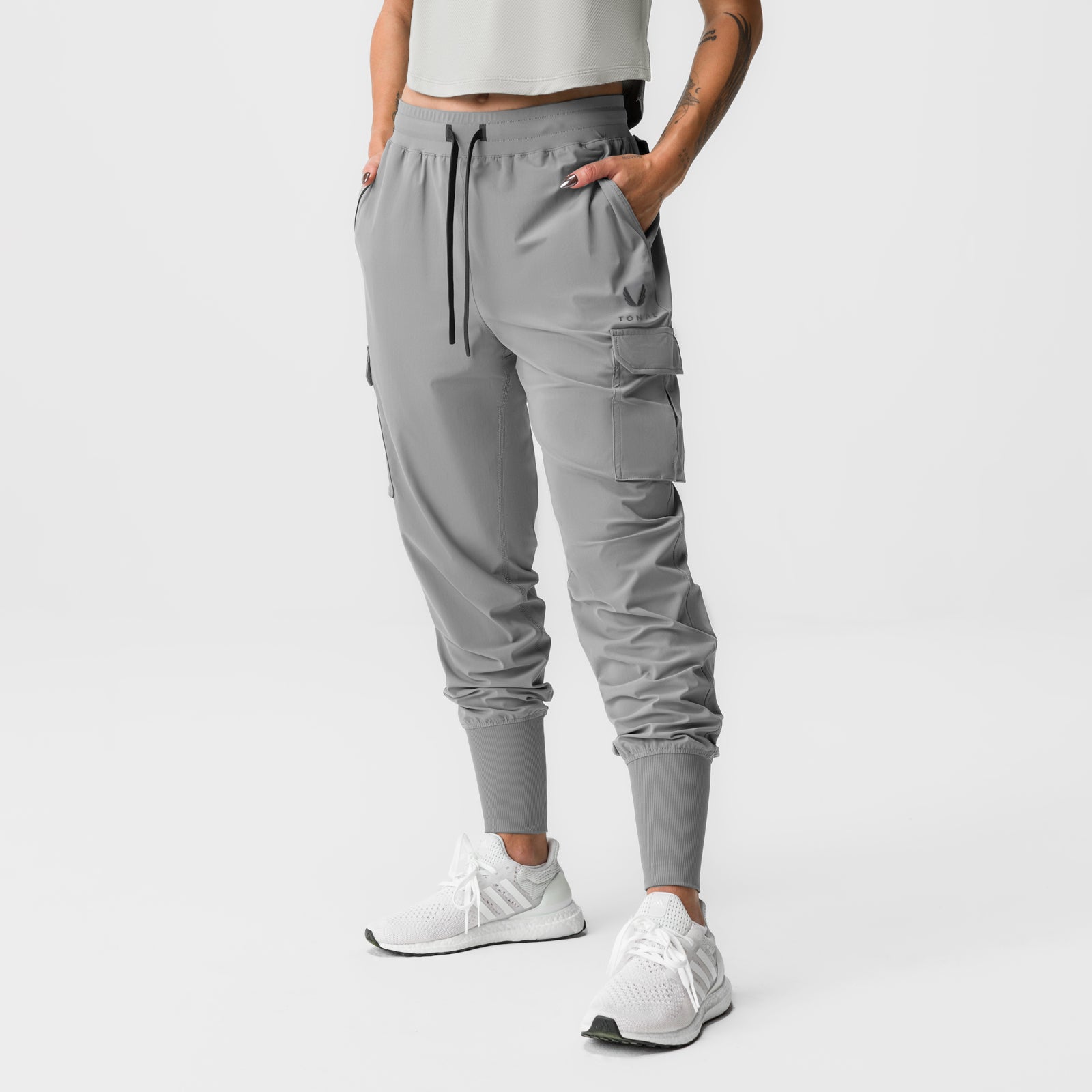 Women's Tetra-Lite® Cargo High Rib Jogger in slate grey, front view on model