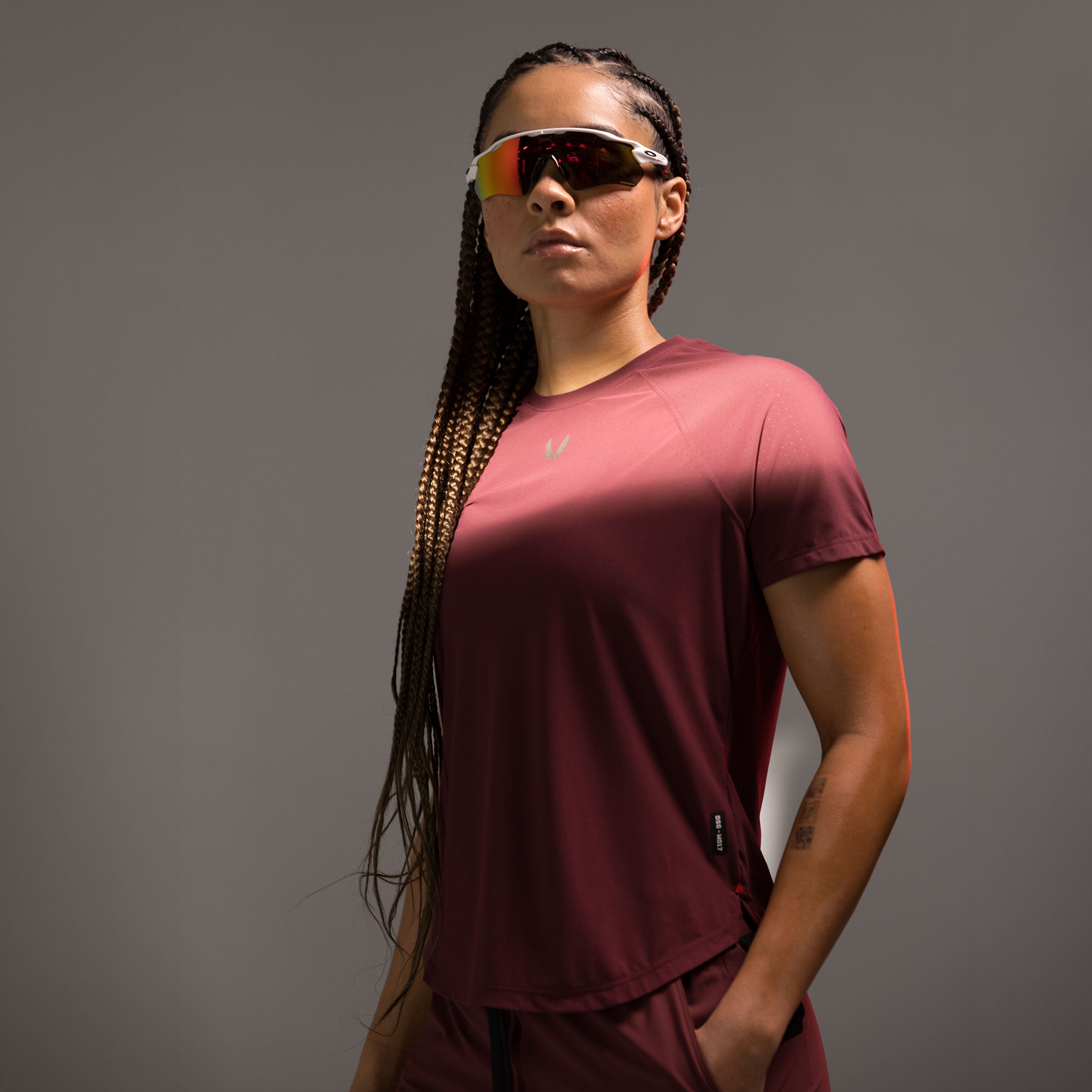 Laser-Vent™ Established Tee in crimson, worn by model facing camera