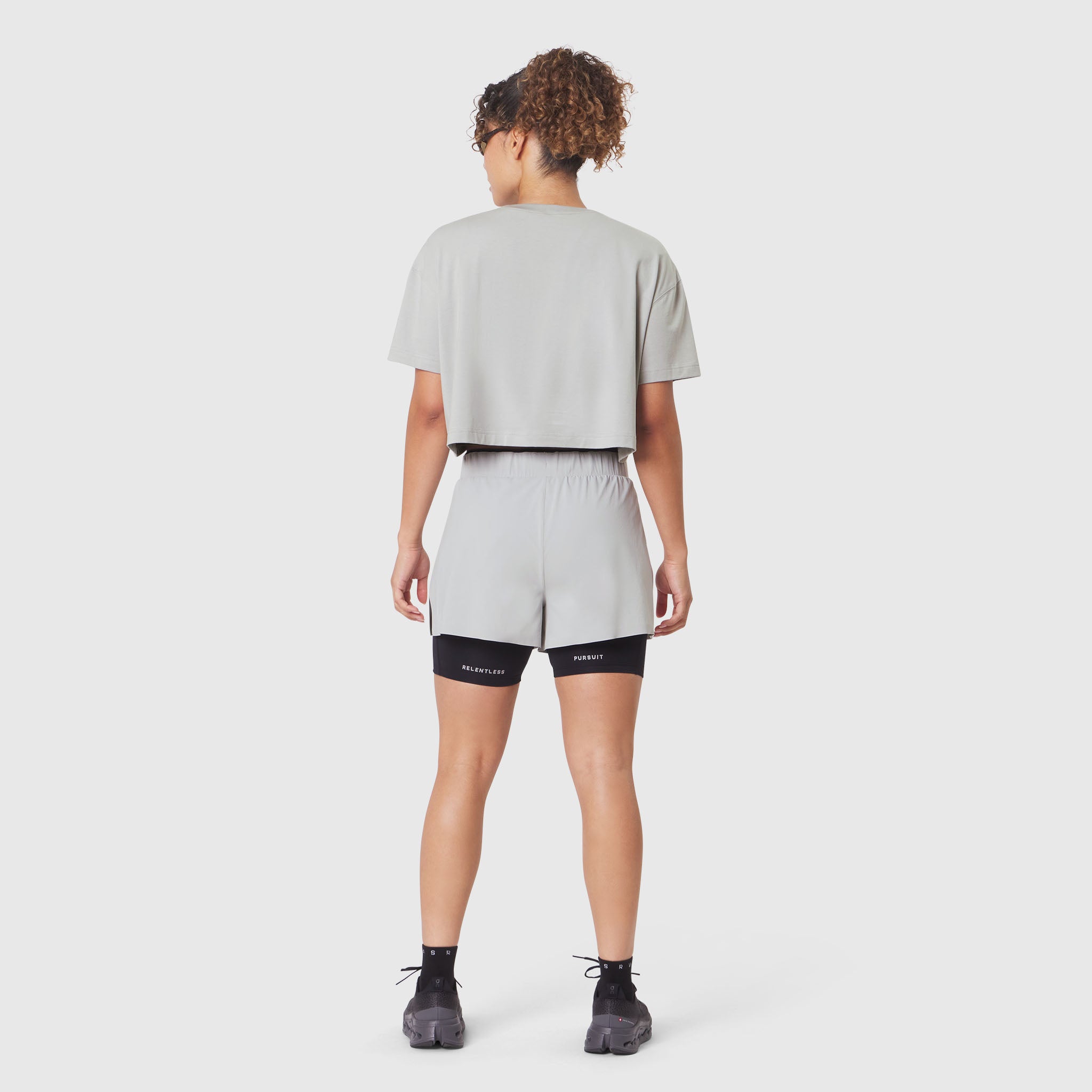 W082 Supima Ice-Skin Reversible Crop Tee in Slate Grey worn with matching shorts, back view