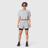 W082 Supima Ice-Skin Reversible Crop Tee in Slate Grey worn by model, front view