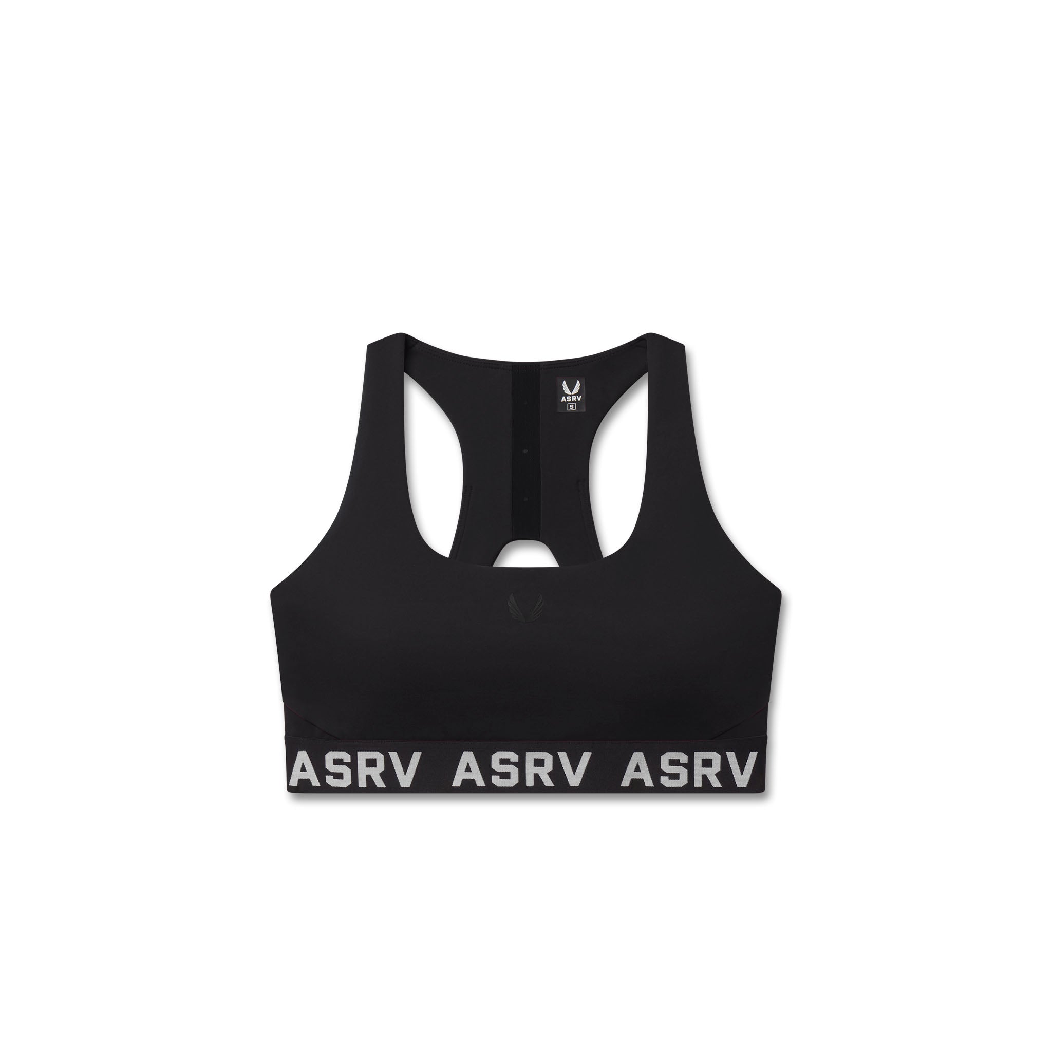 Flatlay LYCRA® ADAPTIV Racerback Sports Bra in black, front view