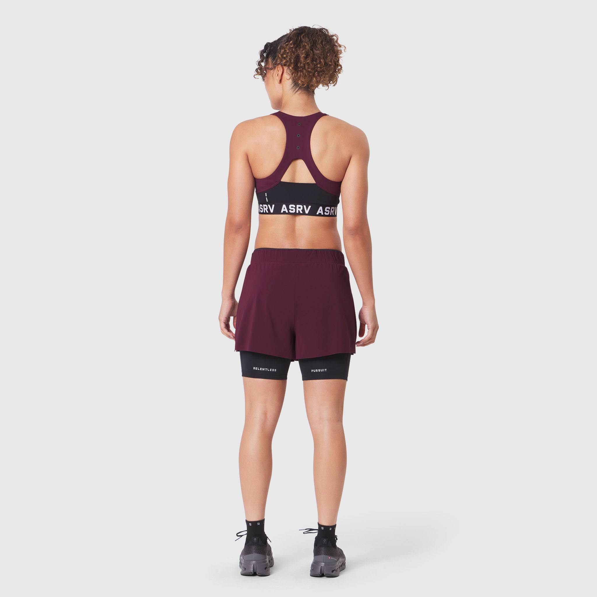 W083 LYCRA® ADAPTIV Racerback Sports Bra in Merlot, back view on model