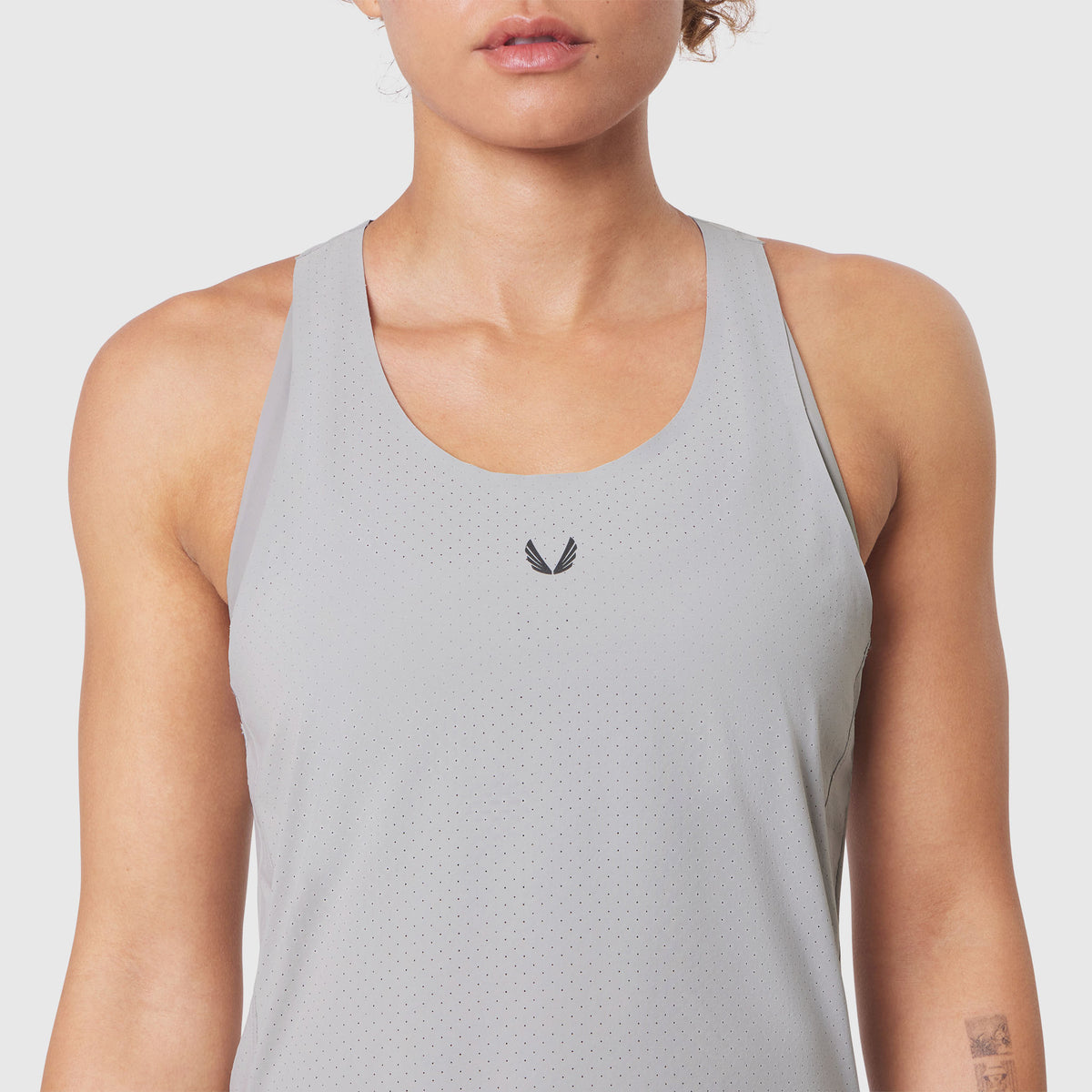 Aerotex™ Perforated Run Tank in Slate Grey, front view on model