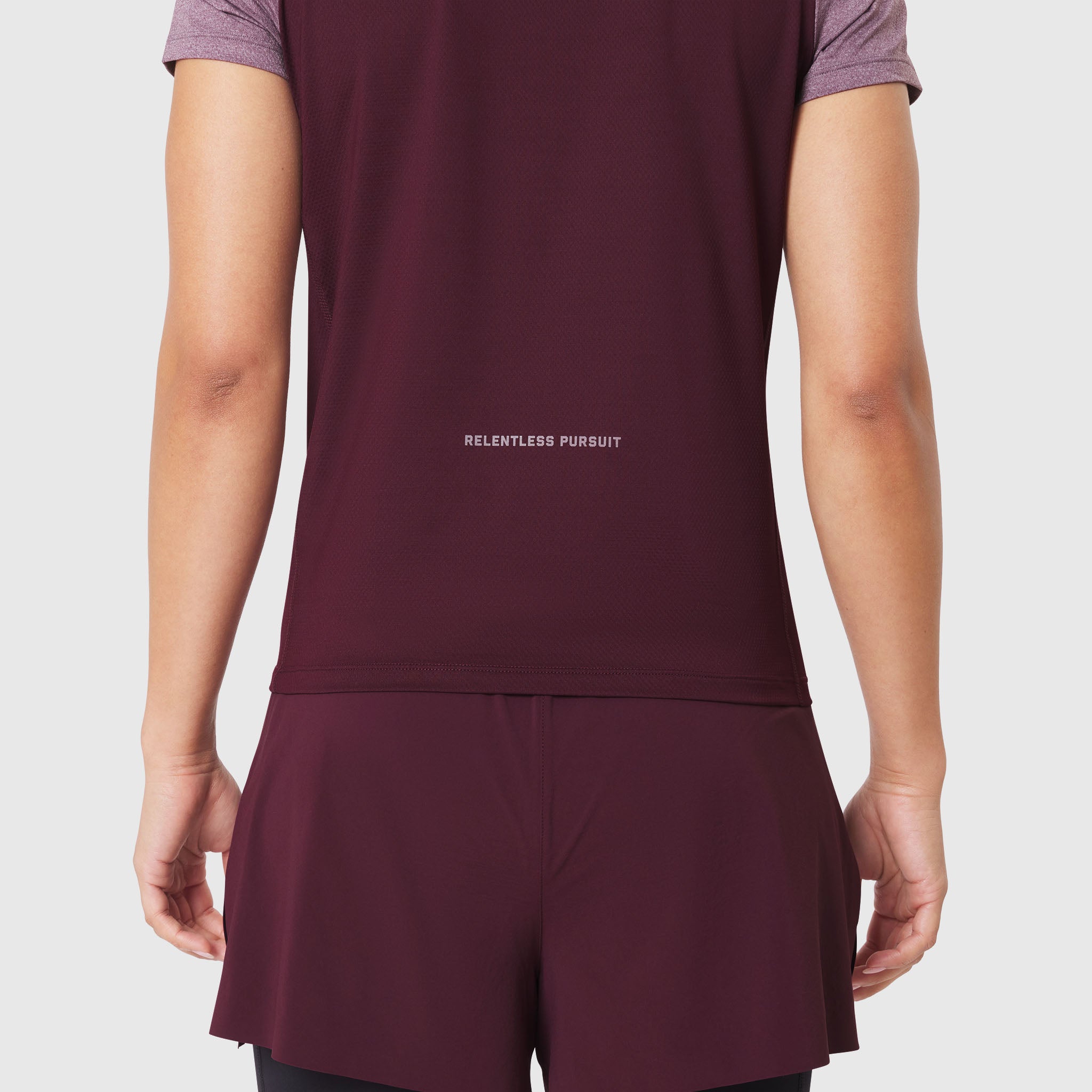 AEROSILVER® UPF50+ Run Tee in Merlot, back view on model