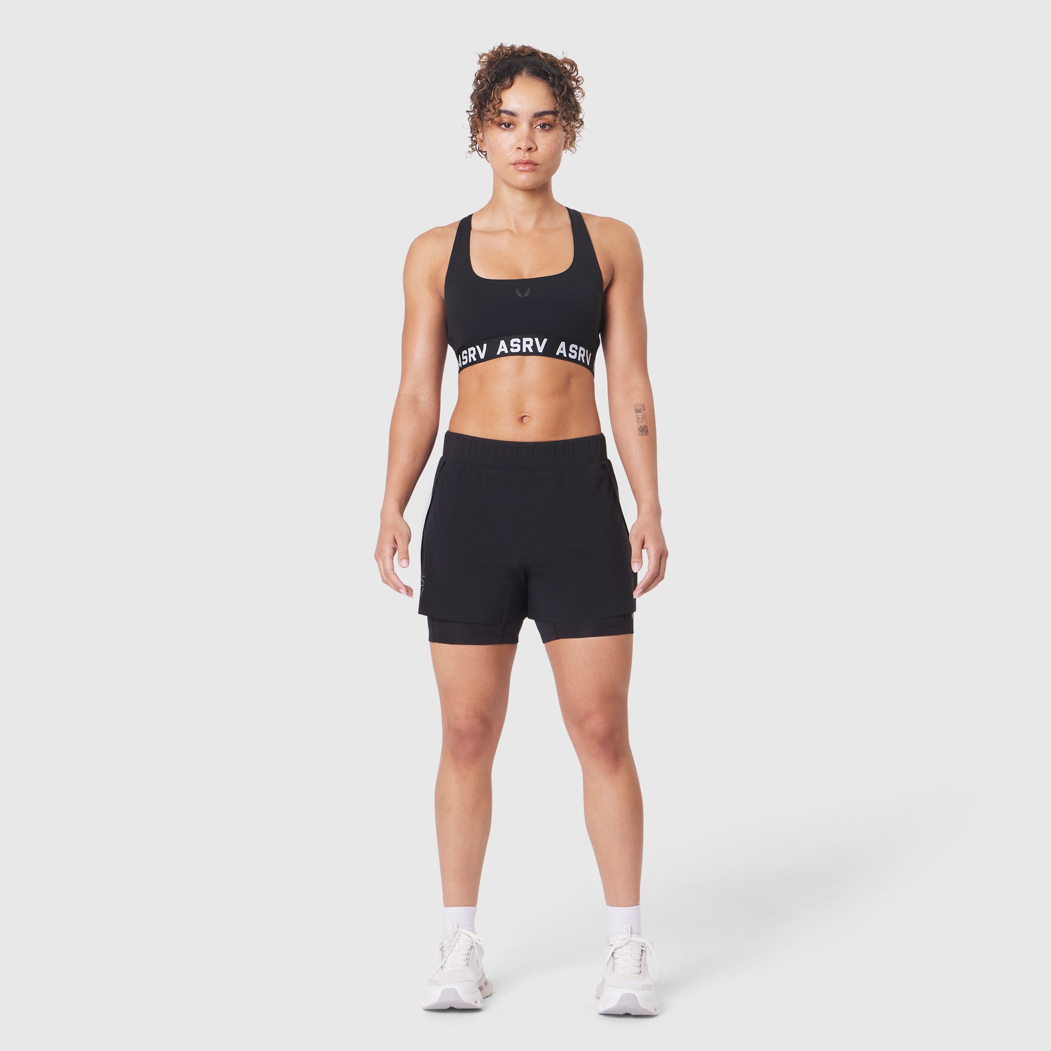 W087 Aerotex Side Split Liner Short in black, front view on model