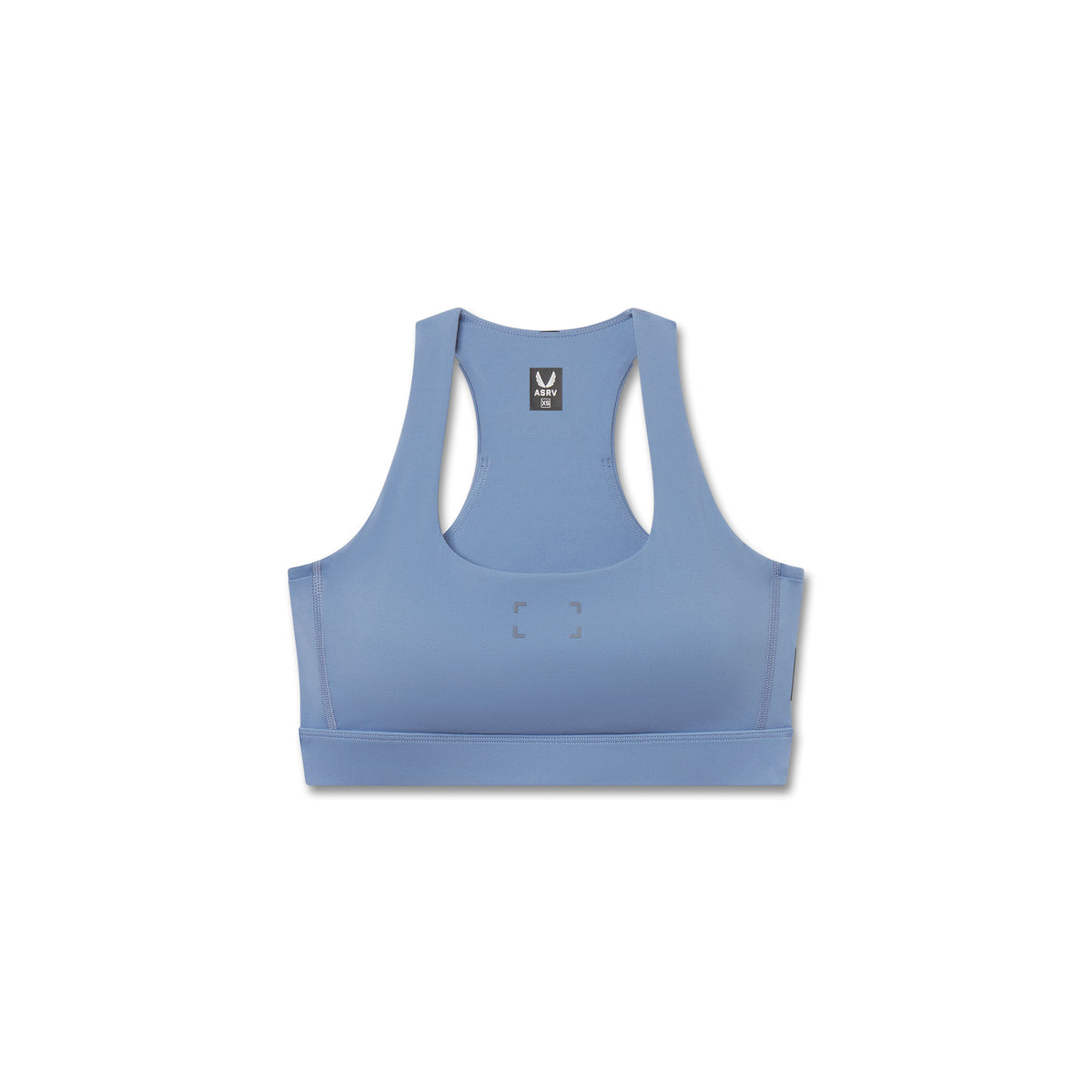 Flatlay W096 LYCRA® ADAPTIV racerback sports bra in slate blue, front view