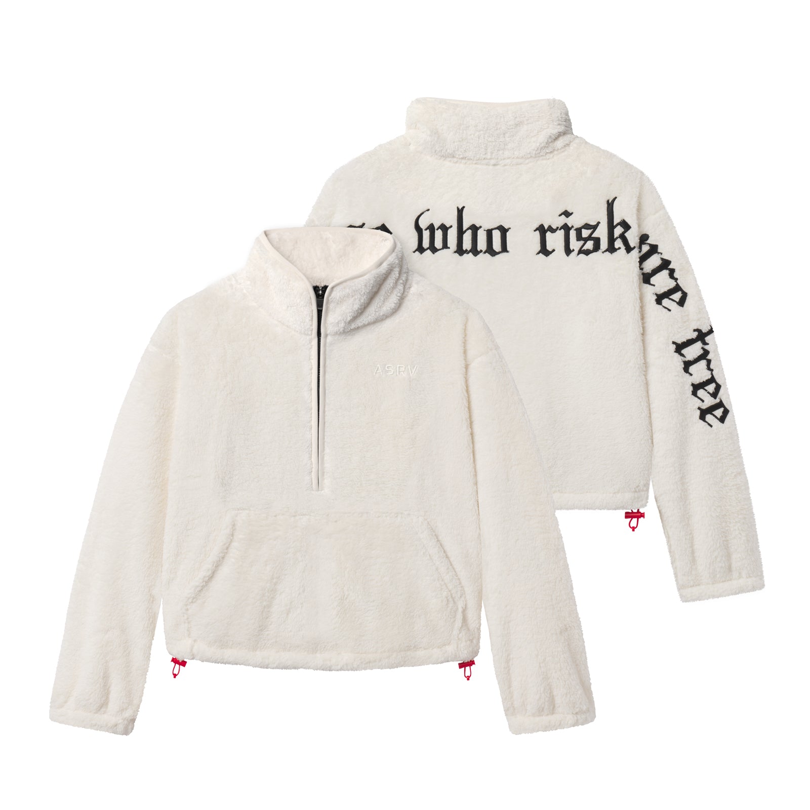 Flatlay of Women's Sherpa Recovery 1/2 Zip in ivory cream with black text, front and back views