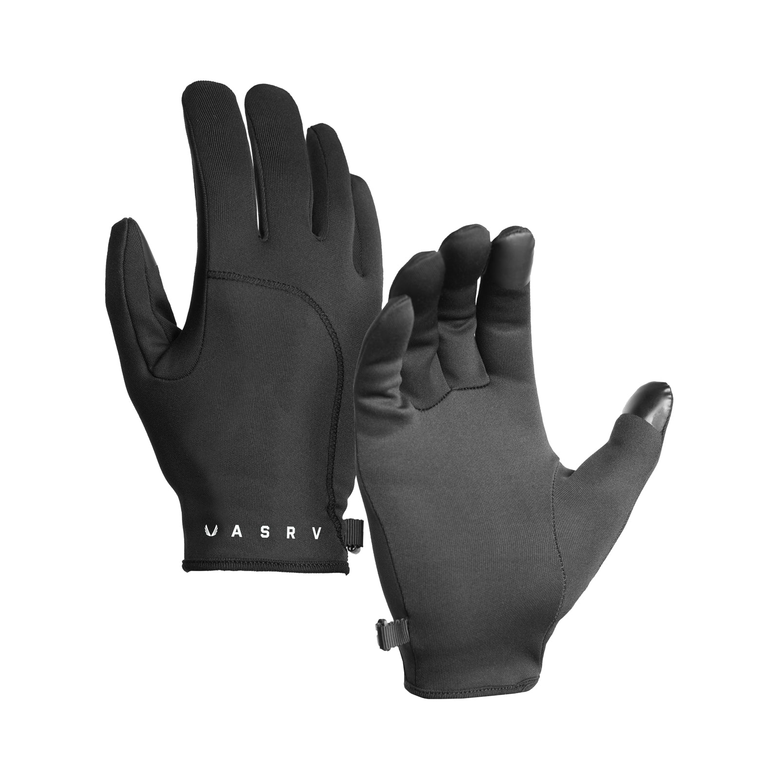 flatlay Aeroheat Lightweight Gloves in black with white branding, front and back view