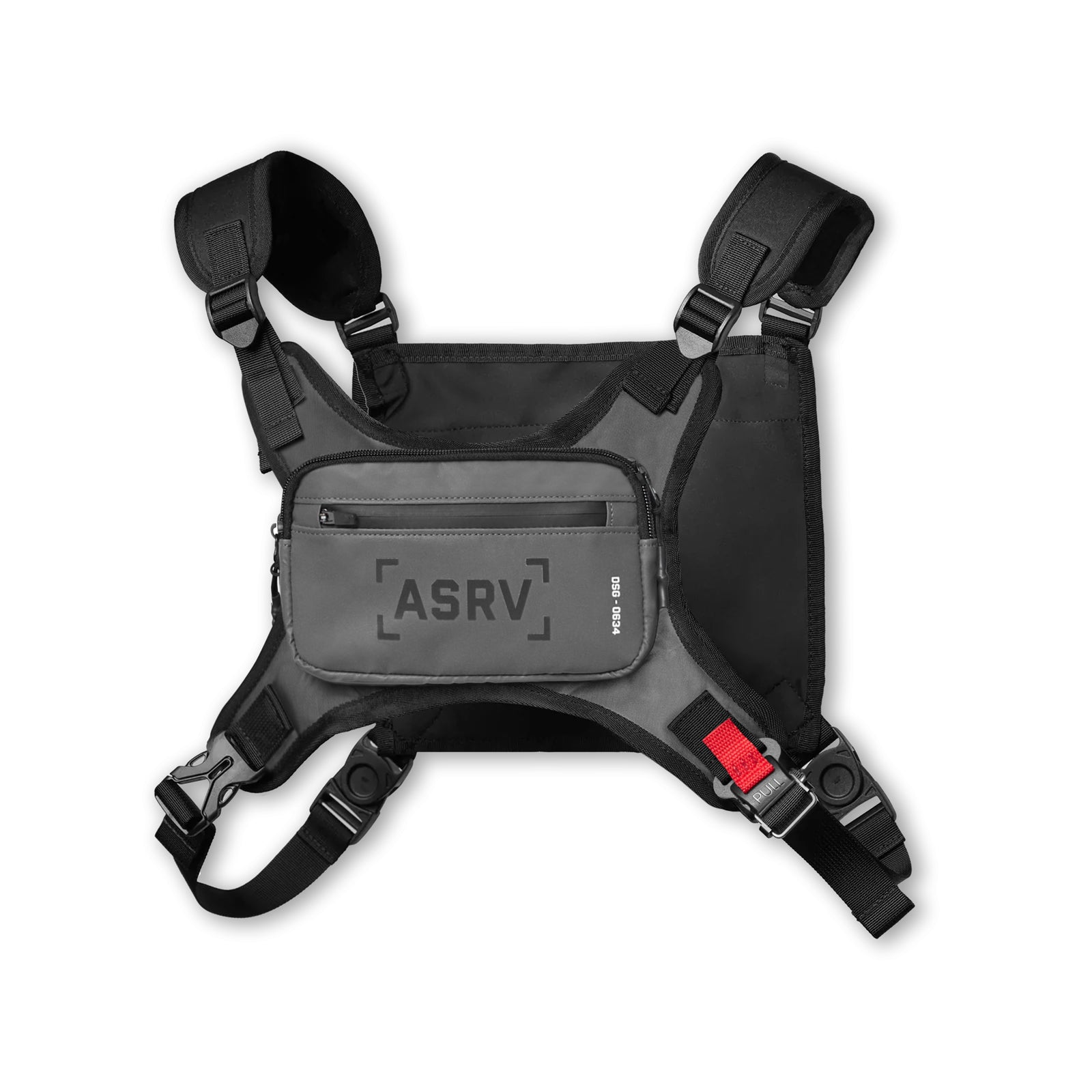 Flatlay of 0634 Conditioning Chest Pack in grey reflective, front view