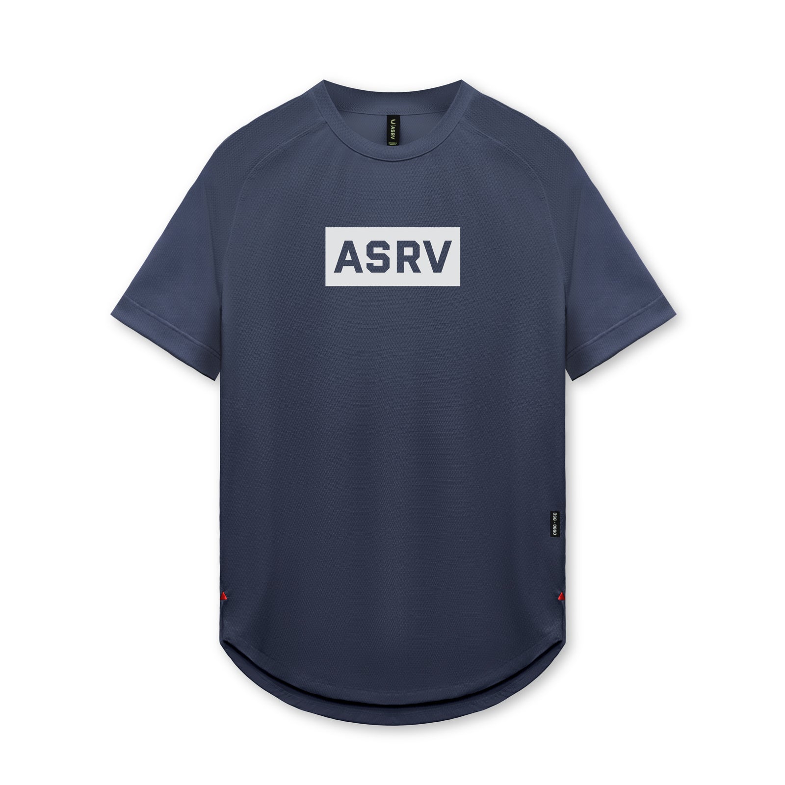 flatlay ASRV AeroSilver Established Tee in navy with white box logo, front view