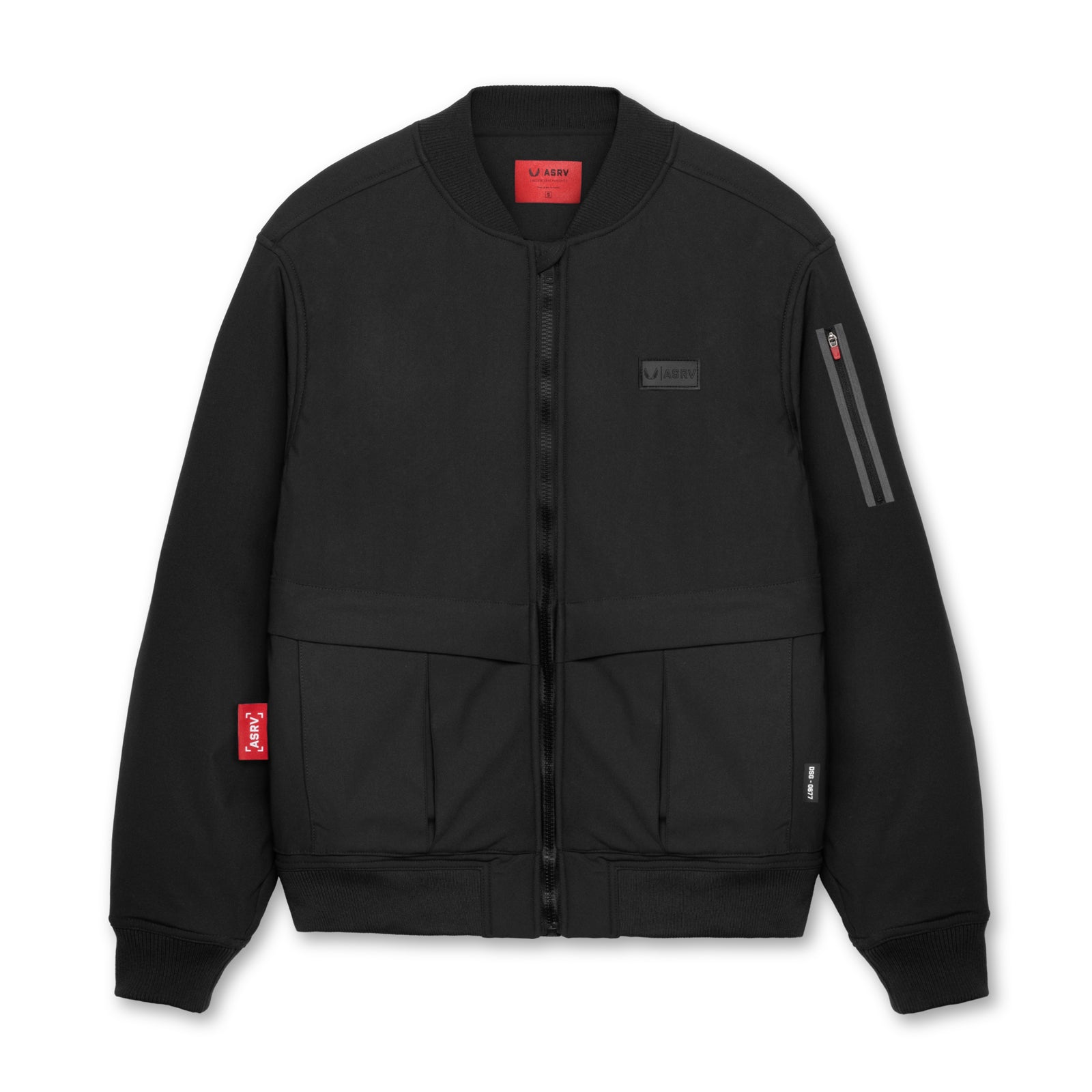flatlay Kinterra Weatherproof Bomber Jacket in black, front view