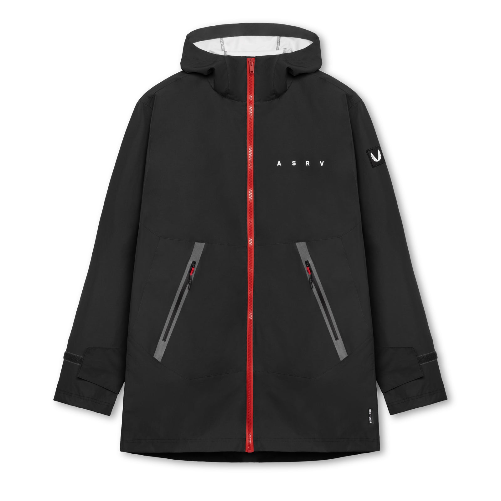 Flatlay of ASRV Hipora AQUAzip Tech Parka in black with red zipper, front view