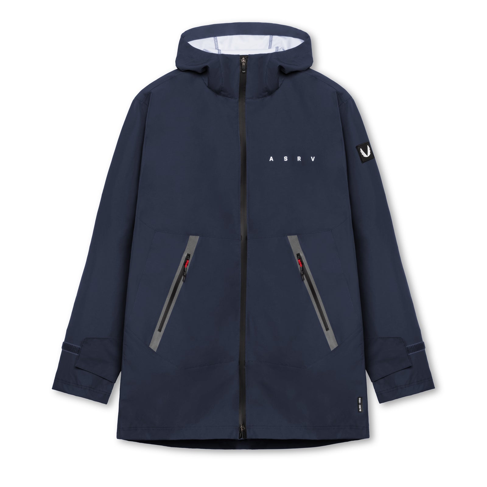 flatlay Hipora® Tech Parka in navy, front view with hood and zip pockets