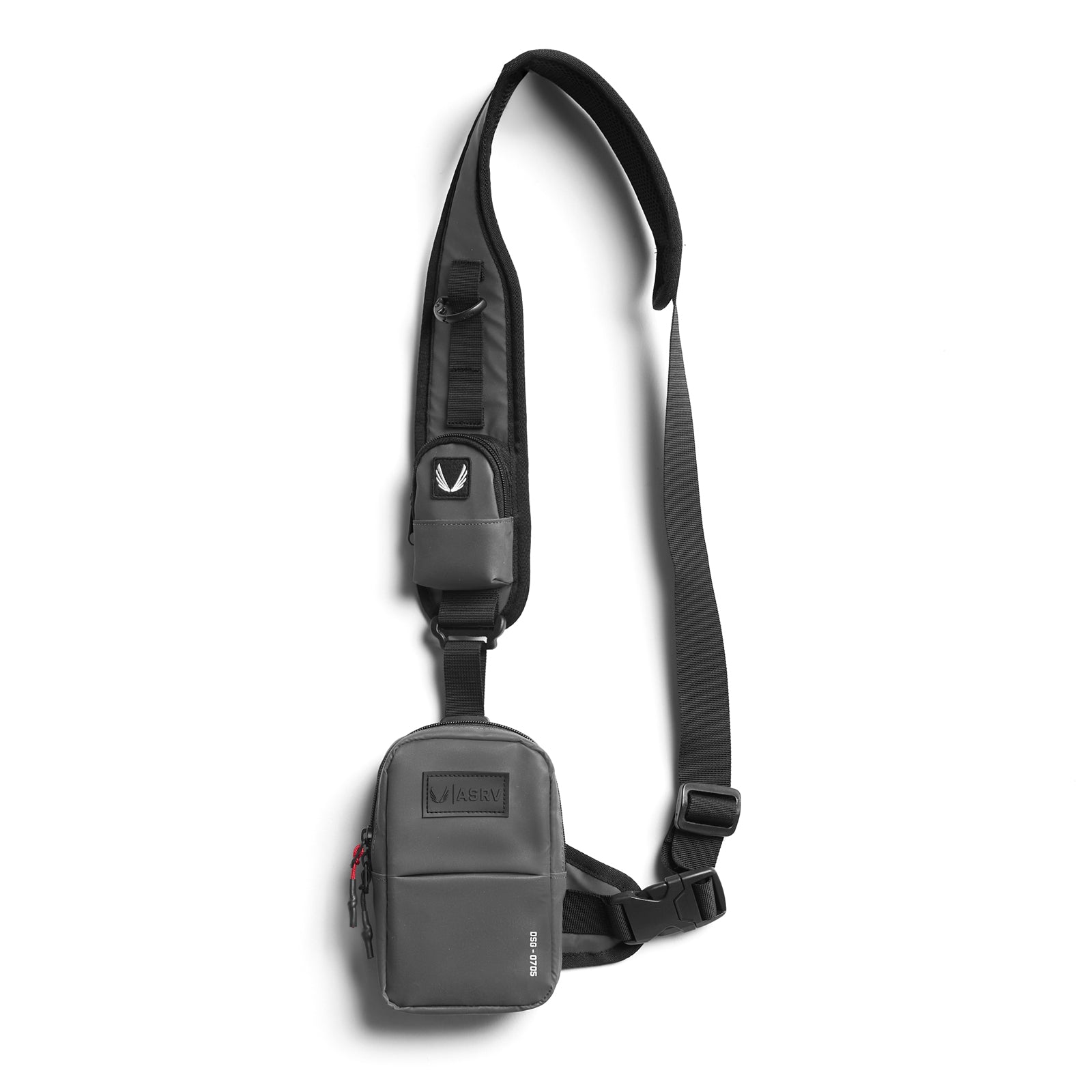 flatlay Reflective Holster Sling Bag in black, front view
