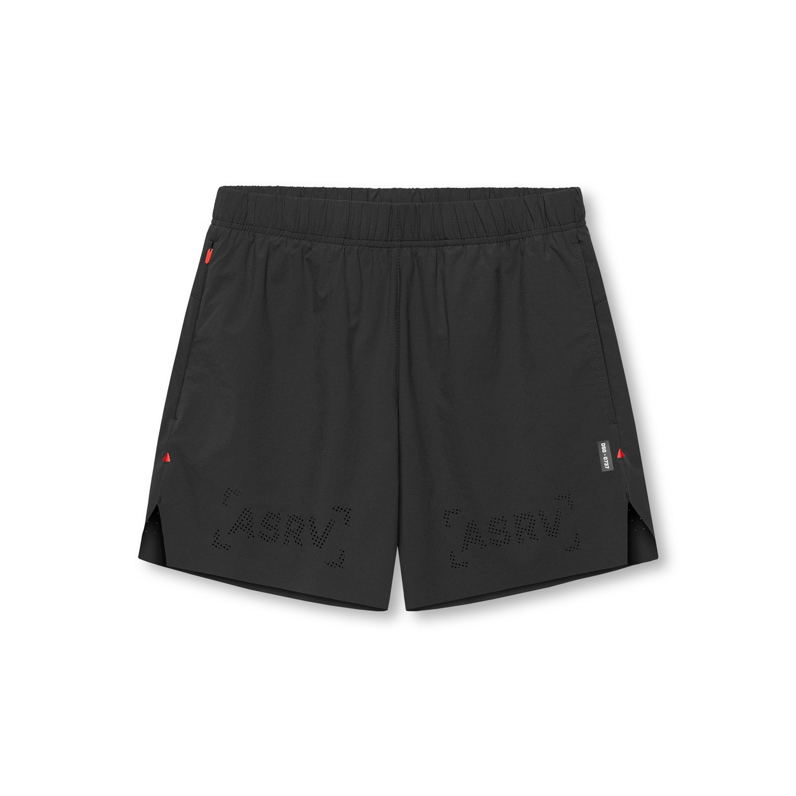 flatlay of black ripstop 6 inch perforated shorts with geometric cutout design, overhead view