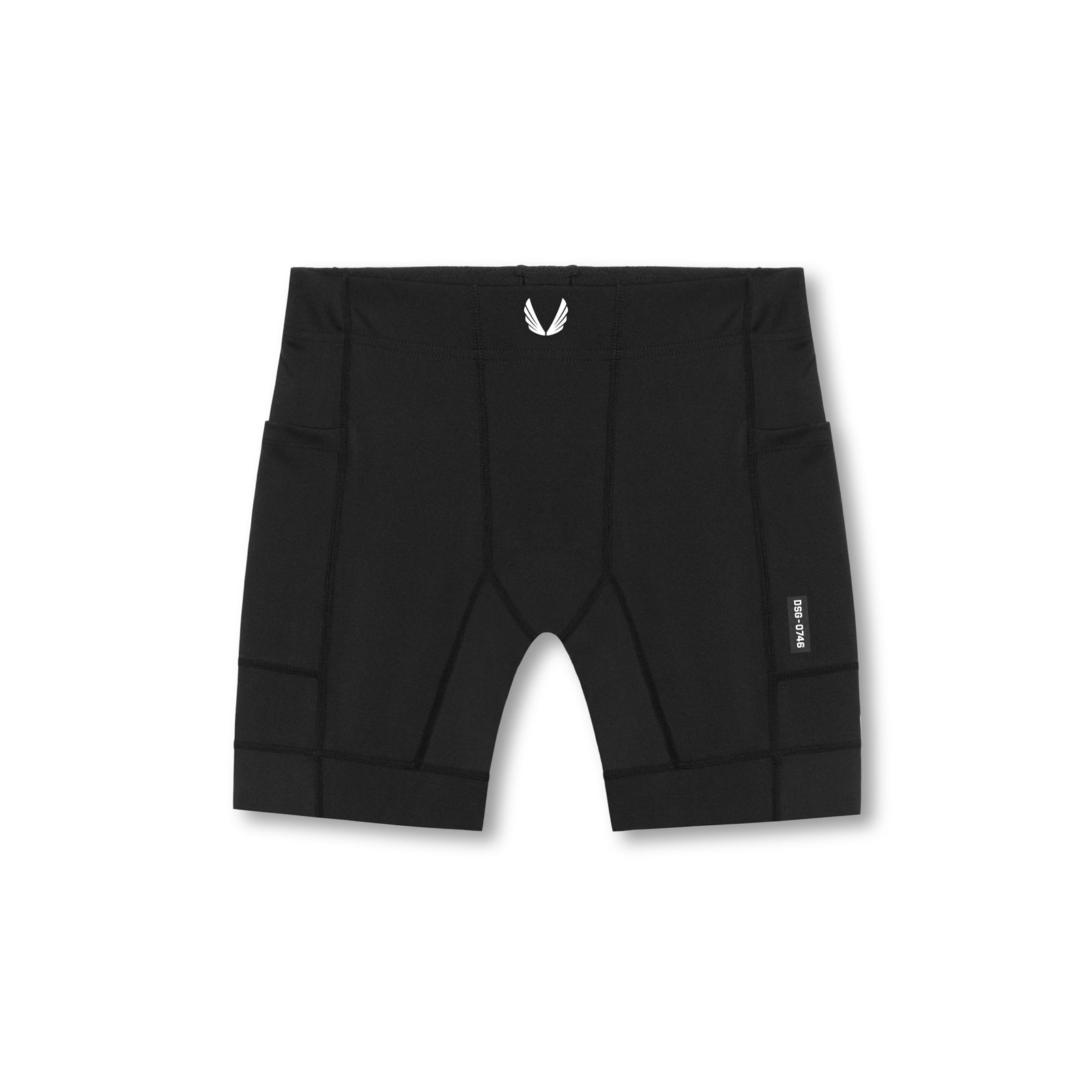 flatlay WarpFlexx® Side Pocket 1/2-Length Legging shorts in black, front view