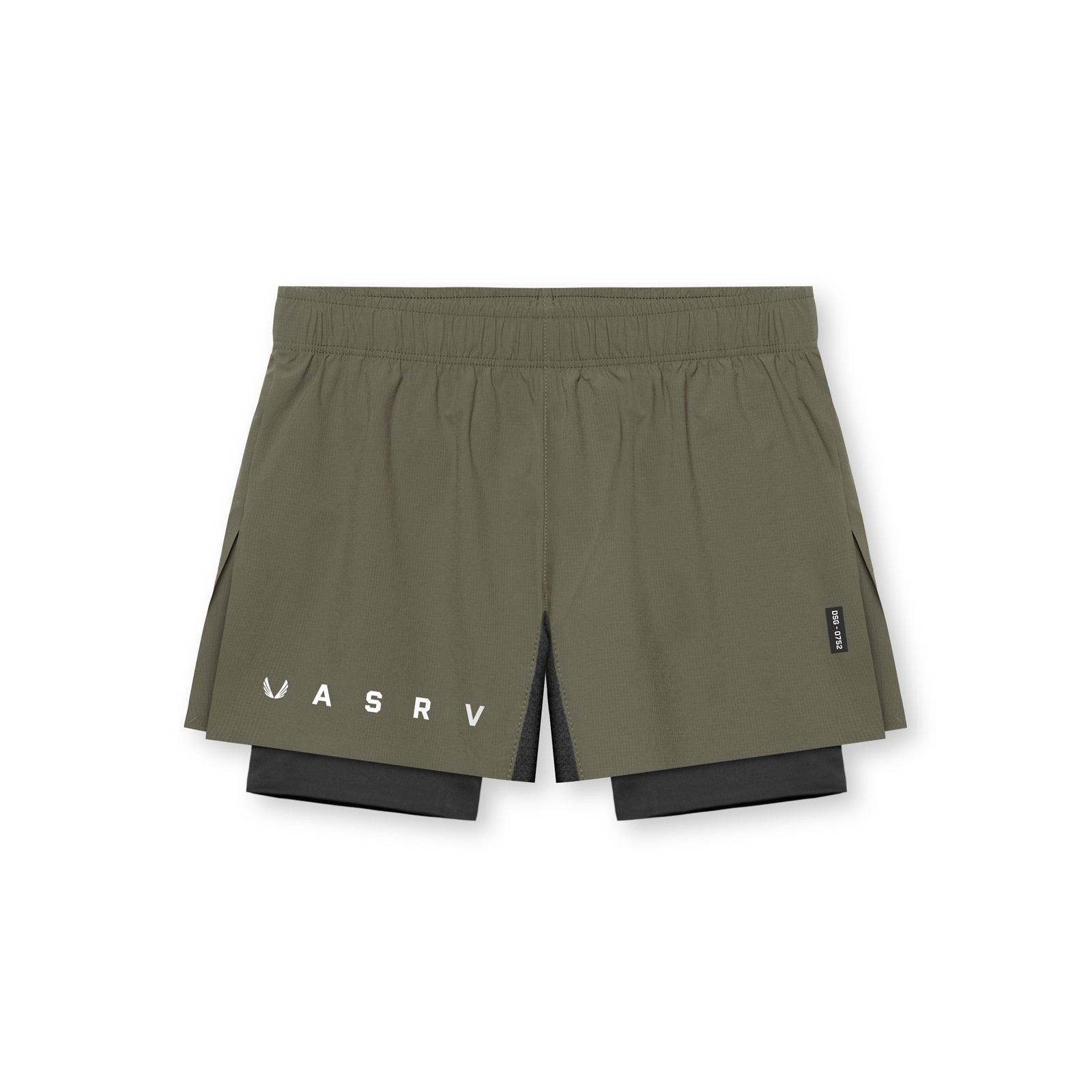 flatlay Ripstop 3" High Split Liner Short in olive and black, front view