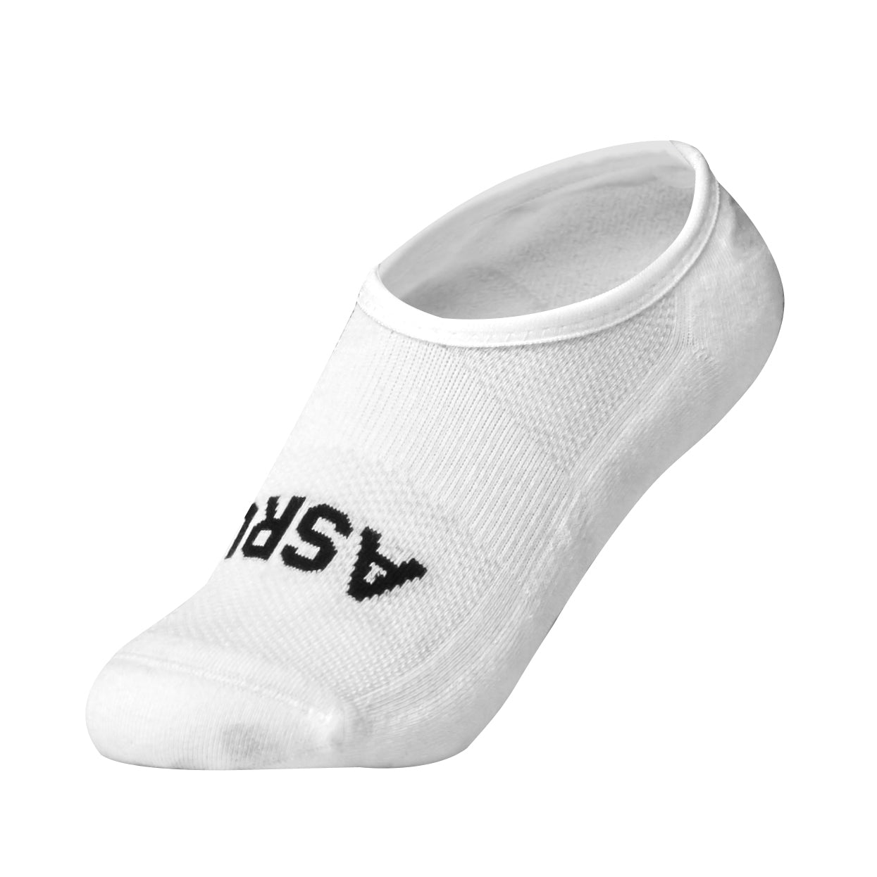 flatlay Essential No-Show Socks in white, angled view showing sock profile and ASRV branding
