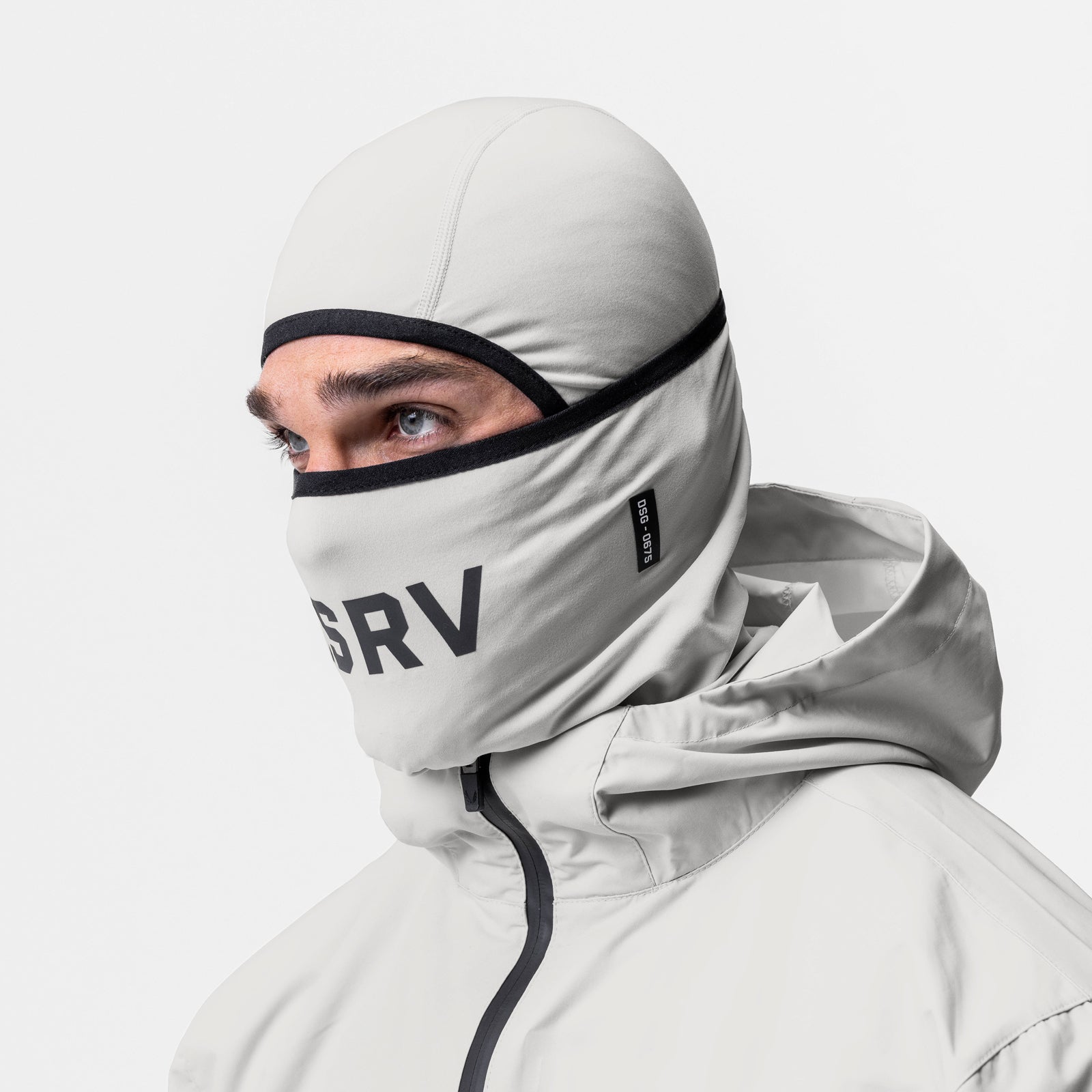 Thermal Balaclava in stone, worn by model showing front view