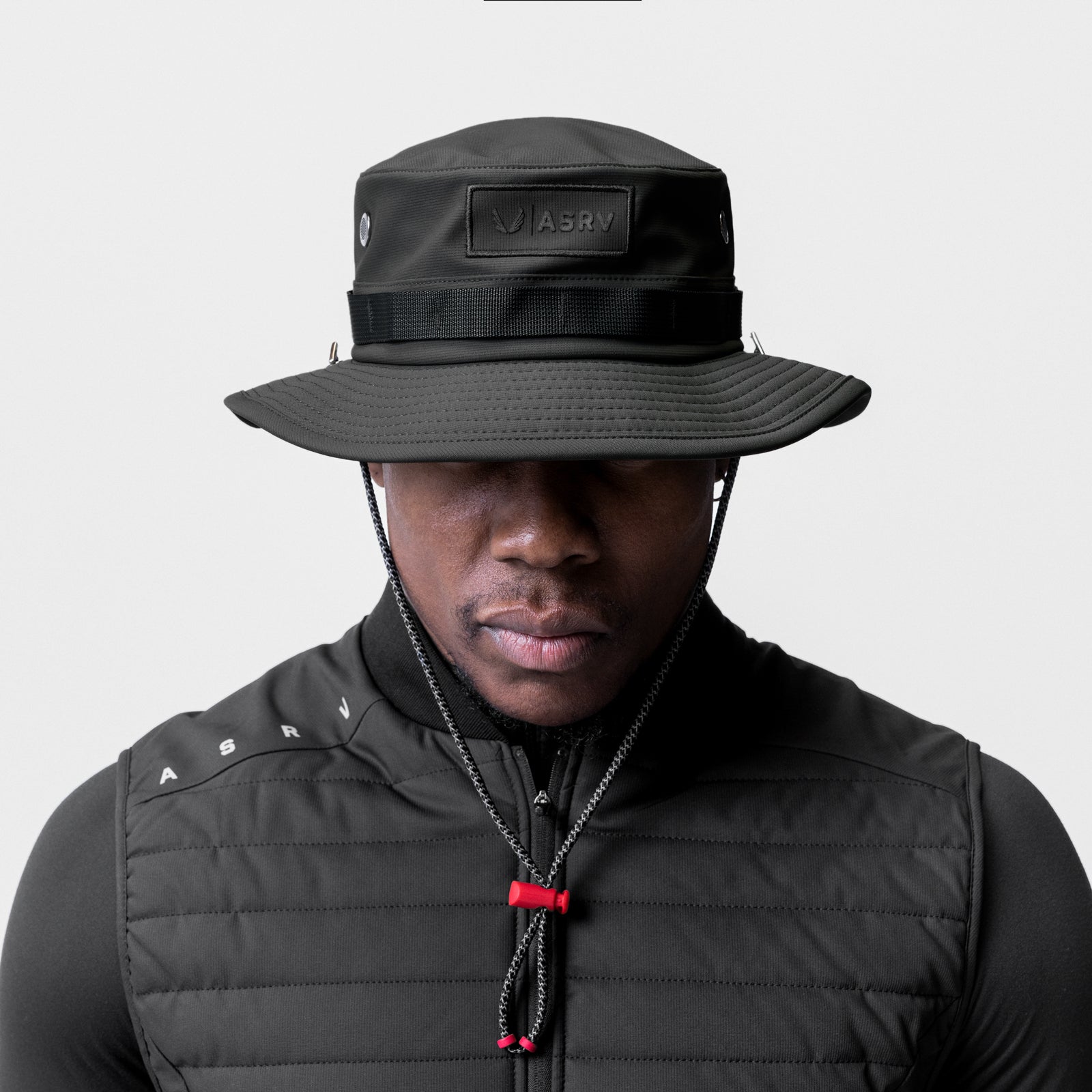 Waterproof Vented Boonie Hat in black, front view on model