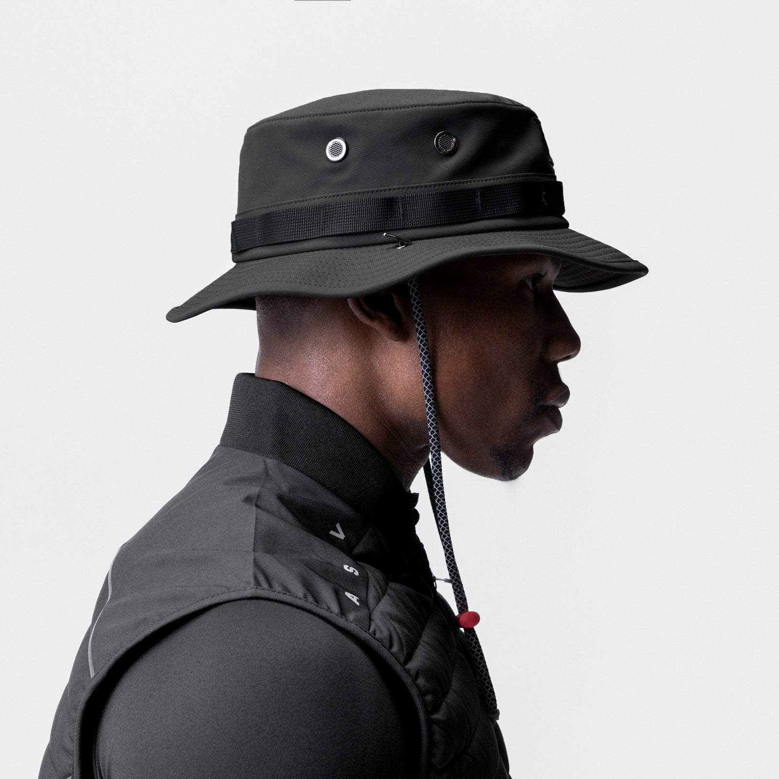Waterproof Vented Boonie Hat in black, side profile worn by model